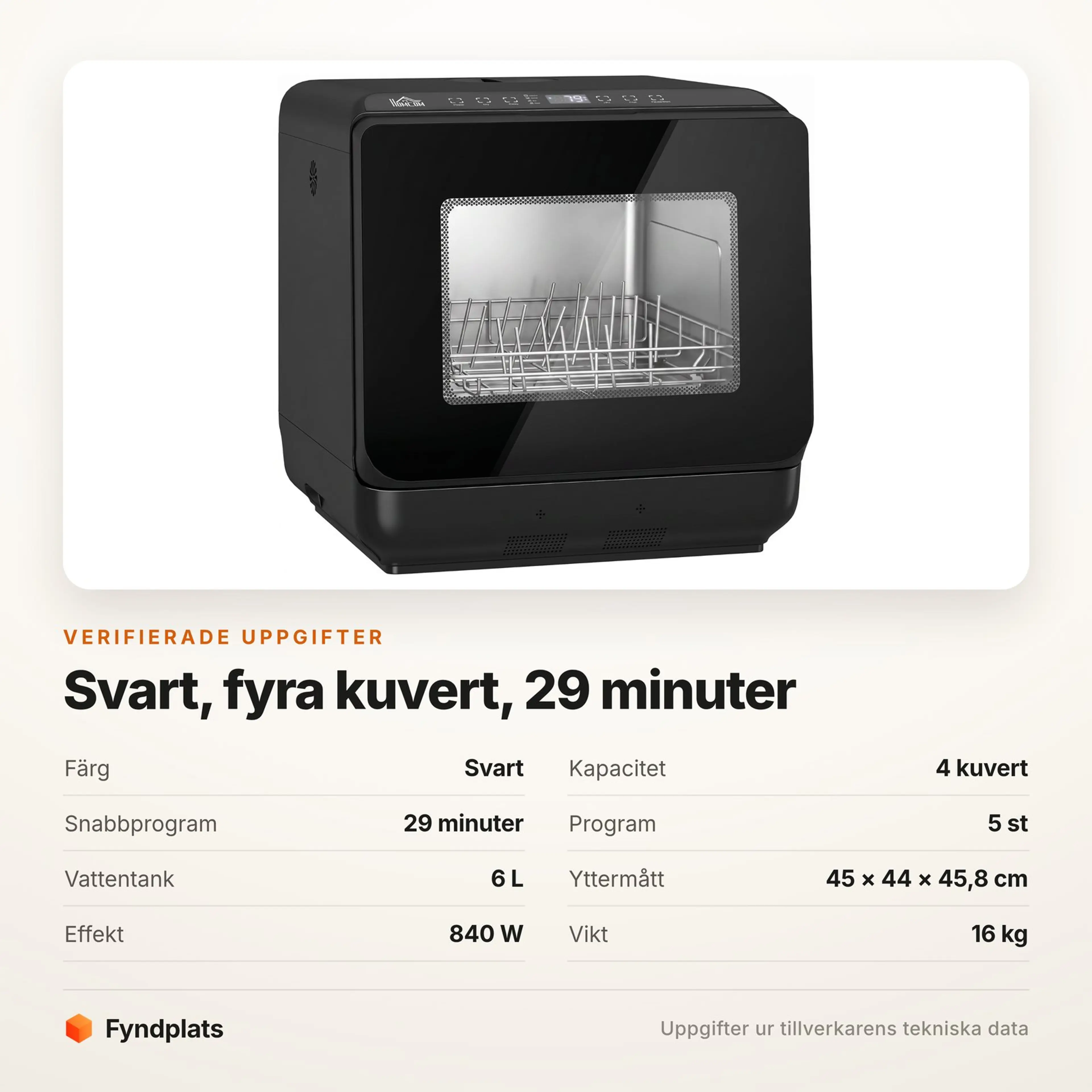 Specifikationer för den svarta bordsdiskmaskinen: 4 kuvert, 29 minuters snabbprogram och 6 liters tank