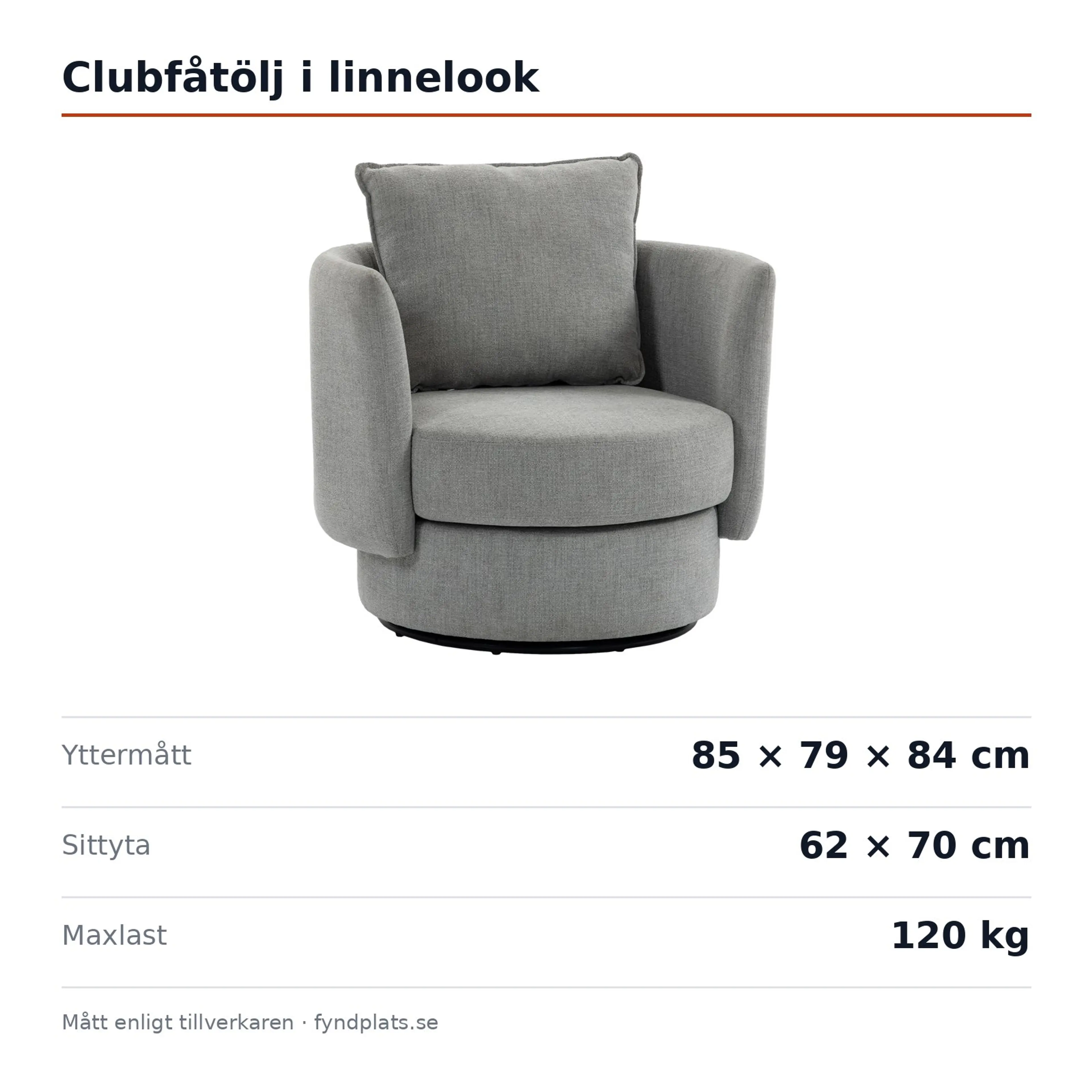 Spec-kort: clubfåtölj 85 × 79 × 84 cm, sittyta 62 × 70 cm, maxlast 120 kg