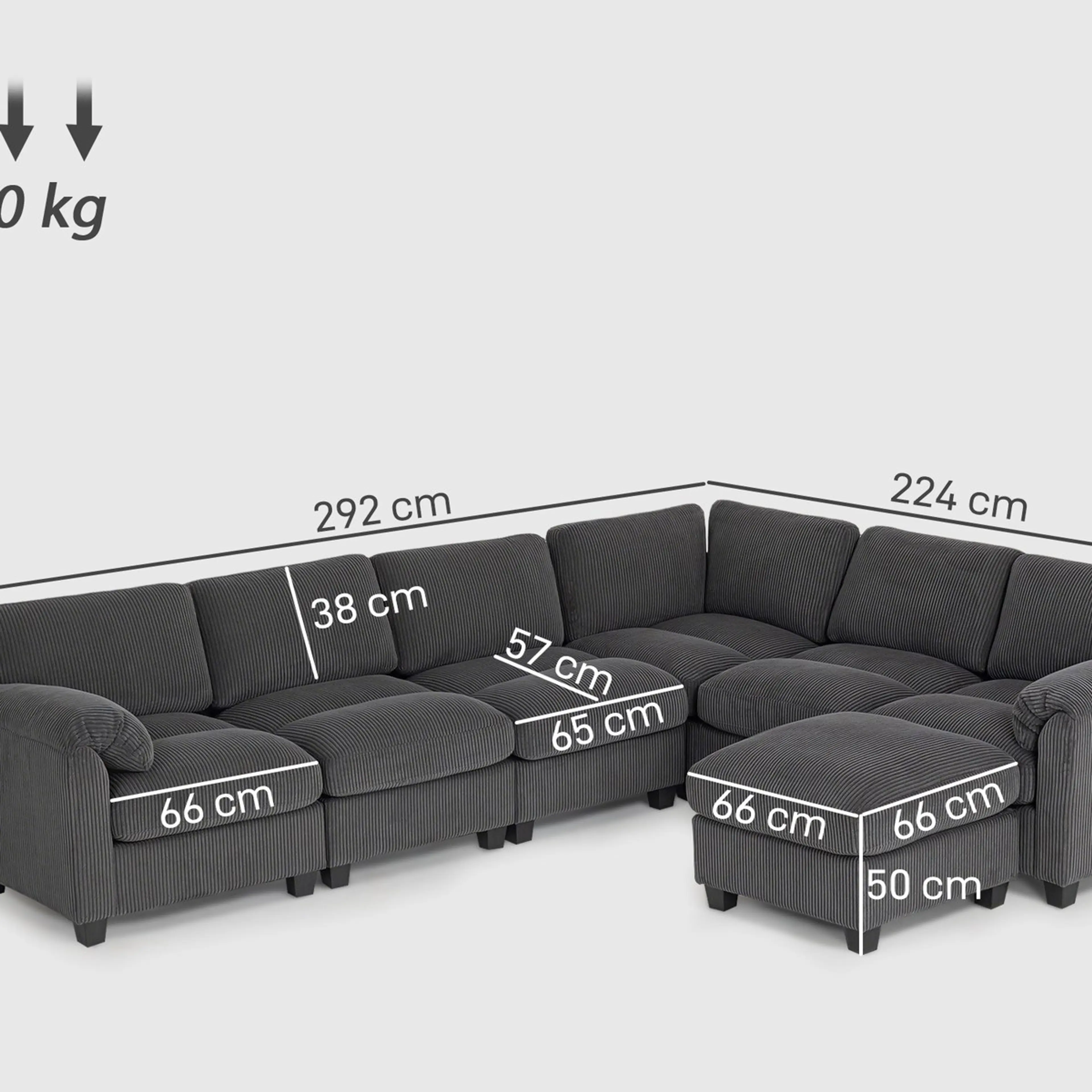 Måttritning: 292 × 224 × 85 cm, sittdjup 57 cm och puff 66 × 66 × 50 cm