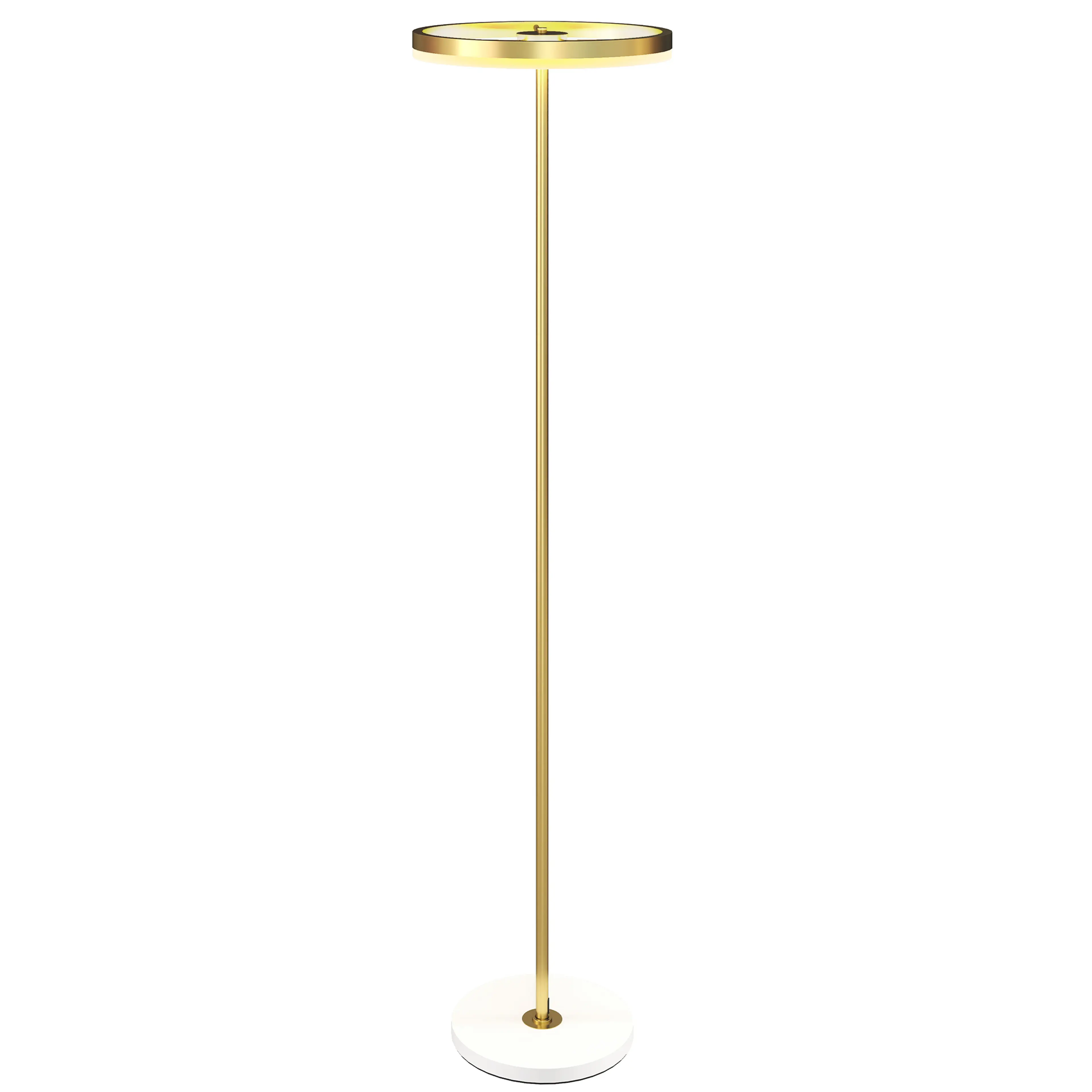Golvlampa med guldfärgad stång och rund akrylskärm, sedd framifrån mot vit bakgrund