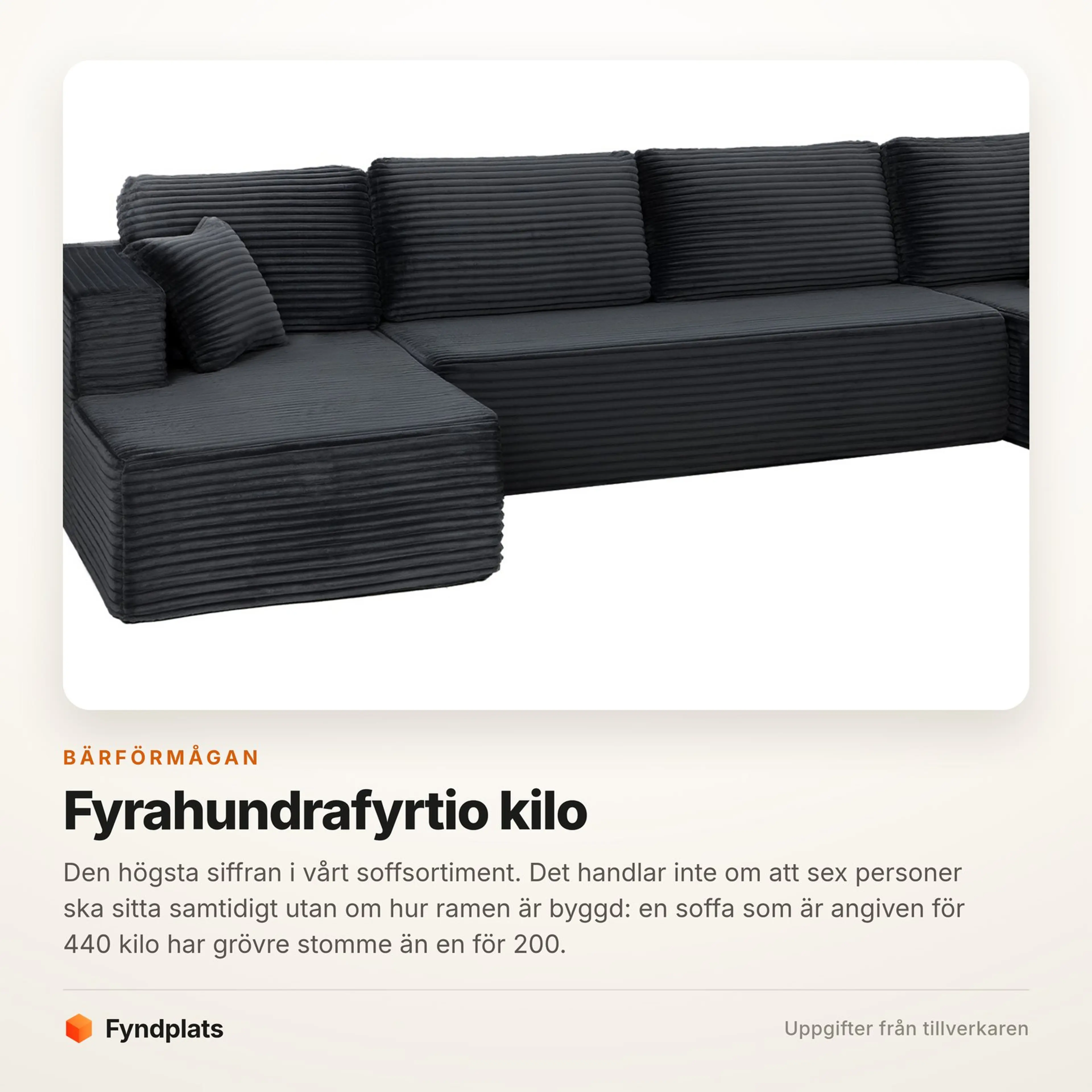 Fyndplats faktakort: soffan är angiven för 440 kg
