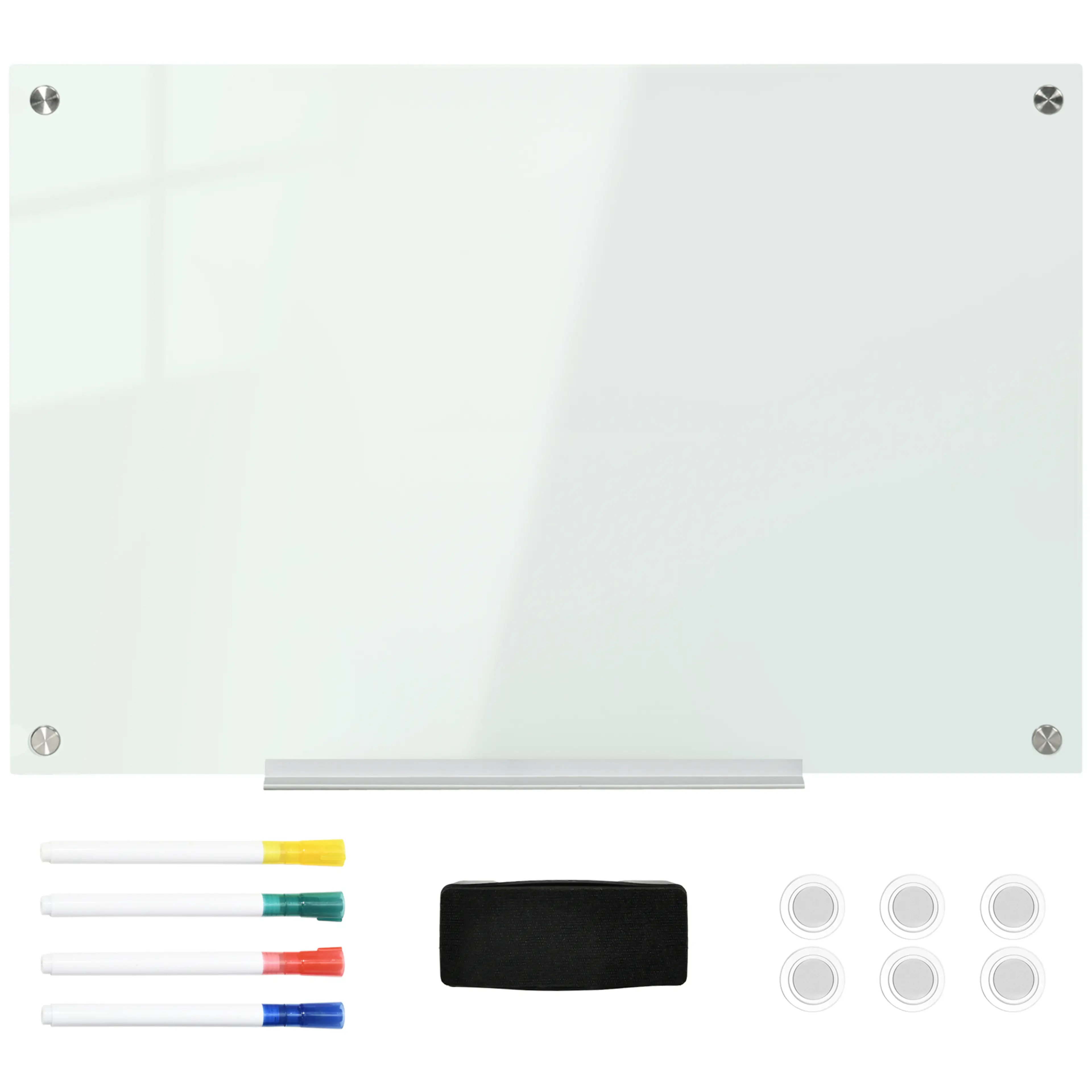 Whiteboard i vitt glas med pennhylla i aluminium, fyra pennor och ett sudd