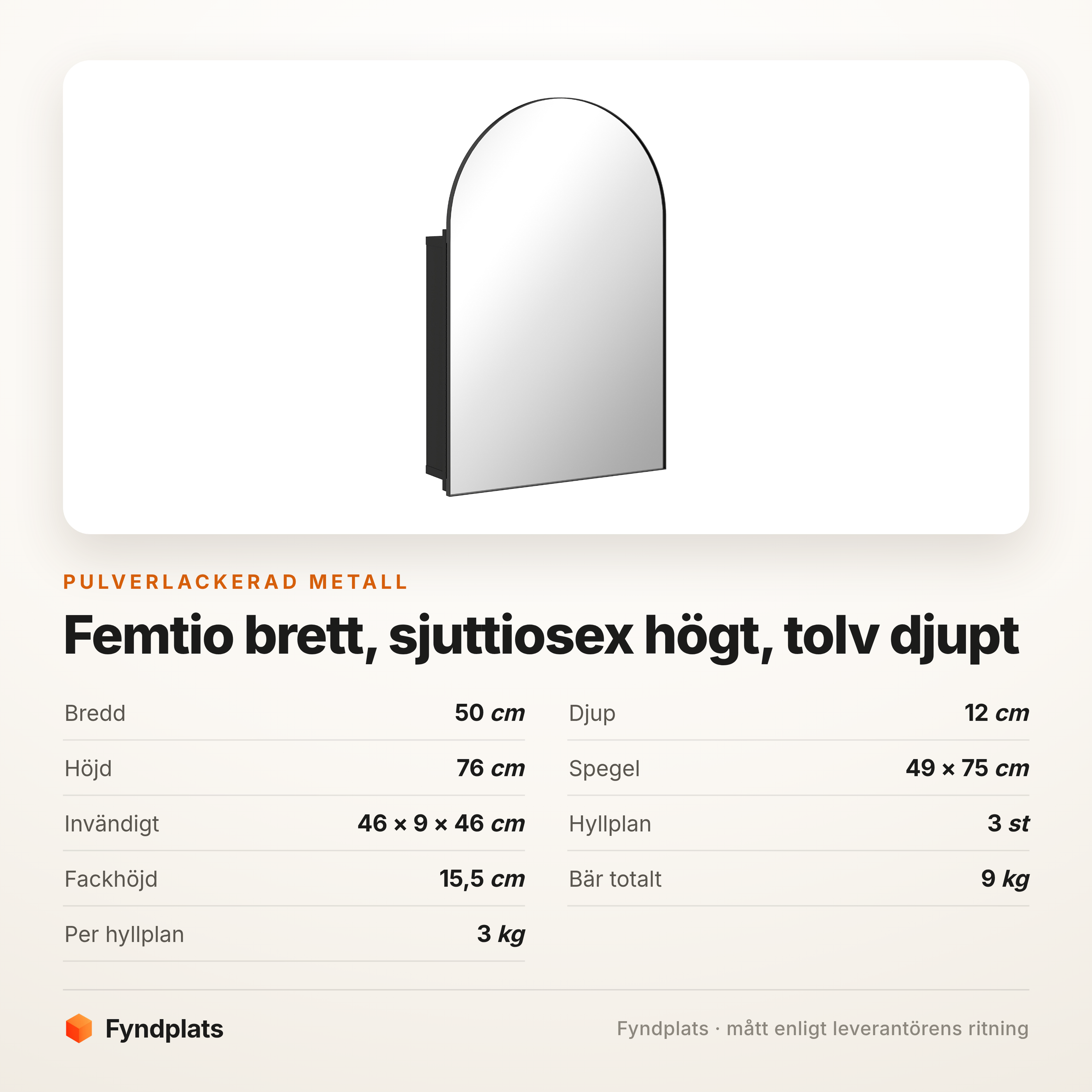 Spegelskåp bågformat 50 × 76 cm – svart metall – bild 6