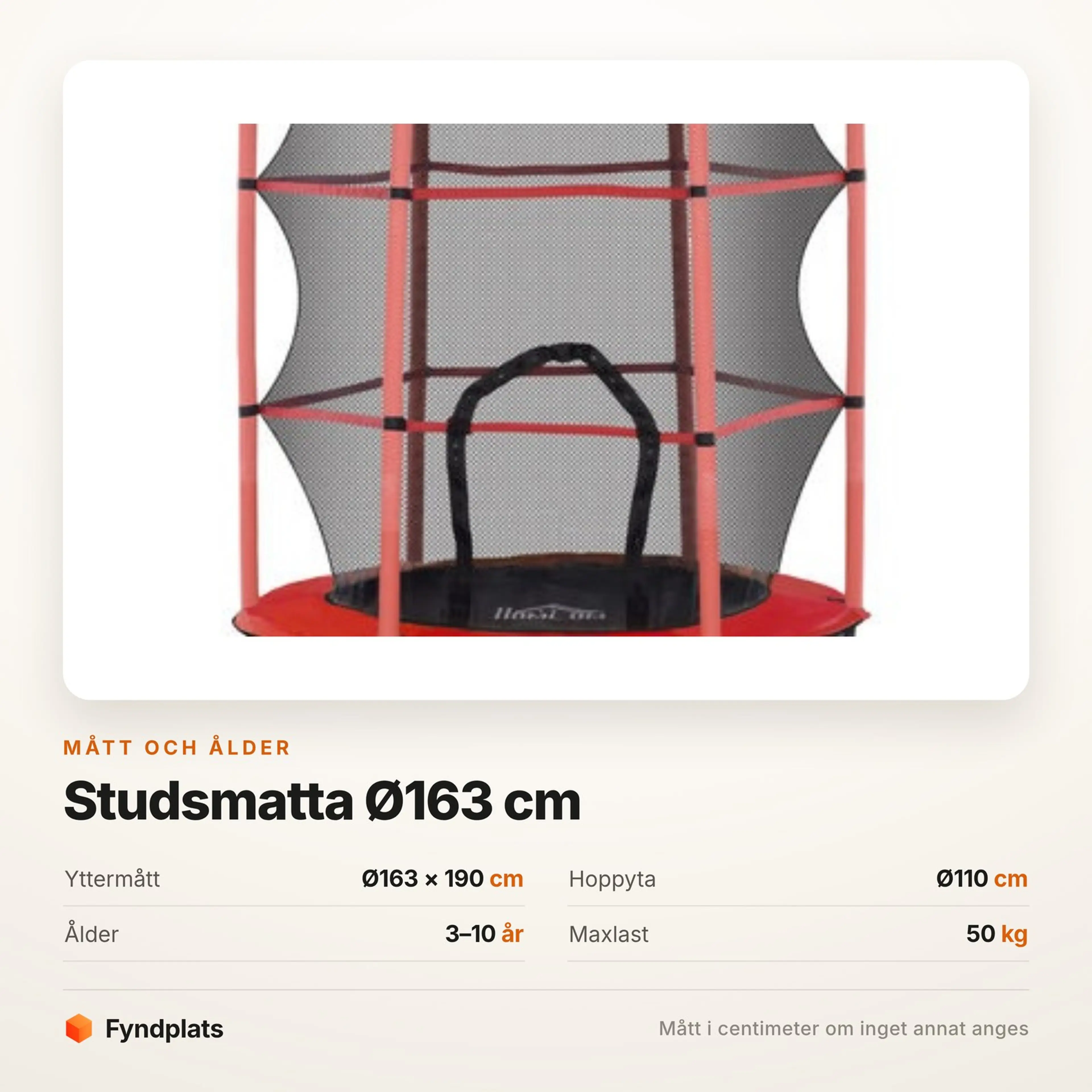 Faktakort: studsmattan Ø163 × 190 cm, hoppyta Ø110 cm, ålder 3–10 år och maxlast 50 kg