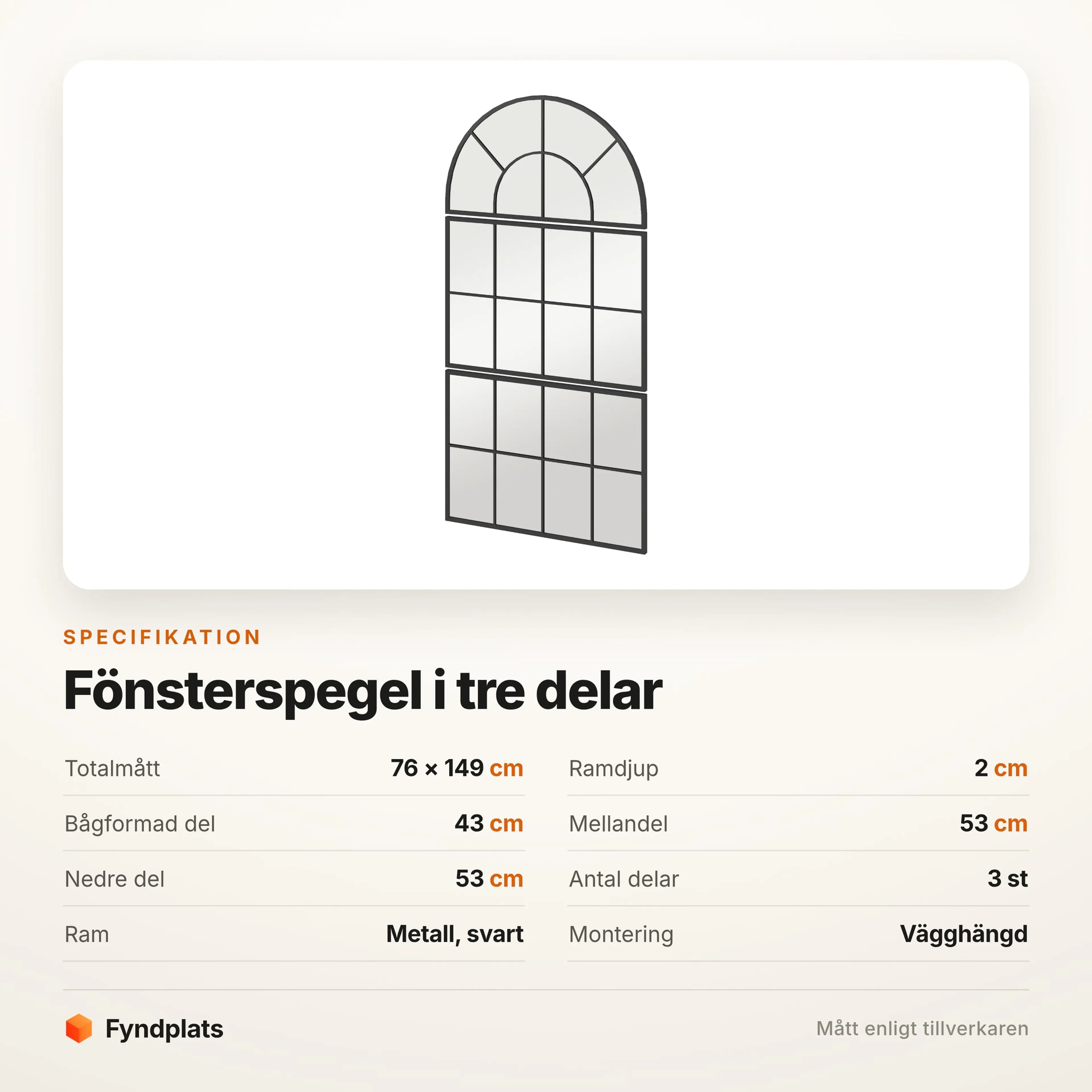 Specifikation för fönsterspegel: 76 × 149 cm totalt och 2 cm ramdjup