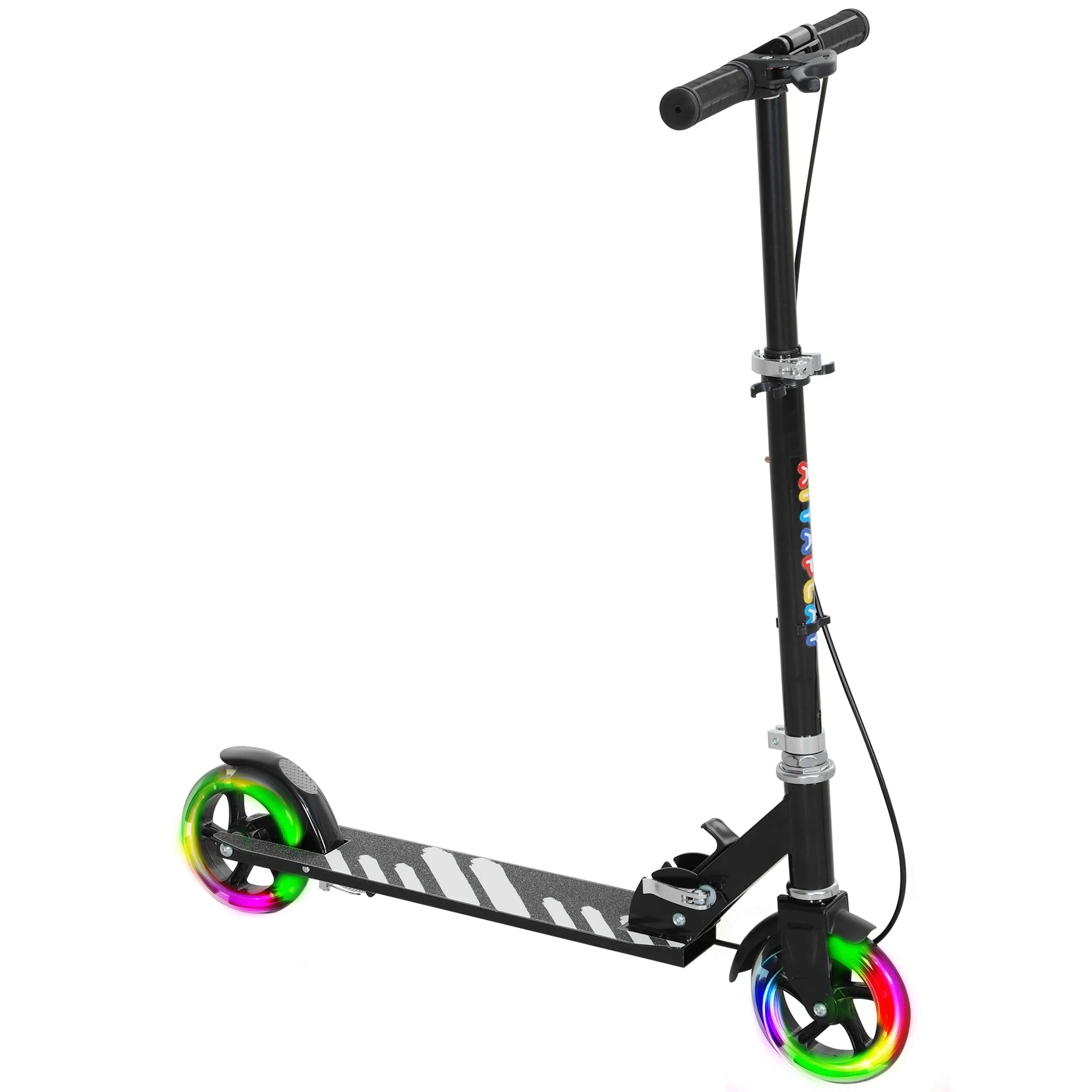 Svart sparkcykel för barn med lysande hjul, handbroms och högt styre, på vit bakgrund