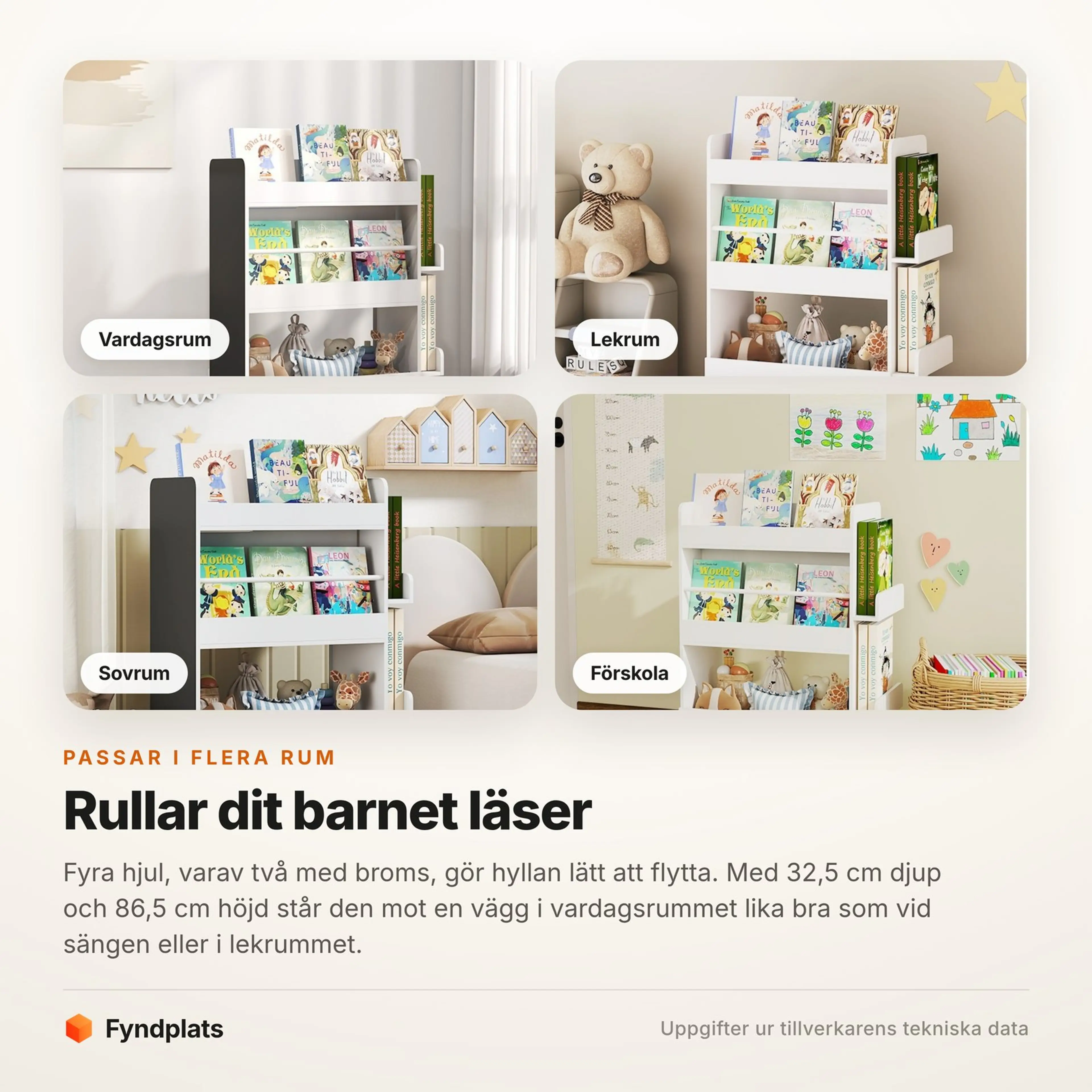 Bokhyllan i vardagsrum, lekrum, sovrum och förskola