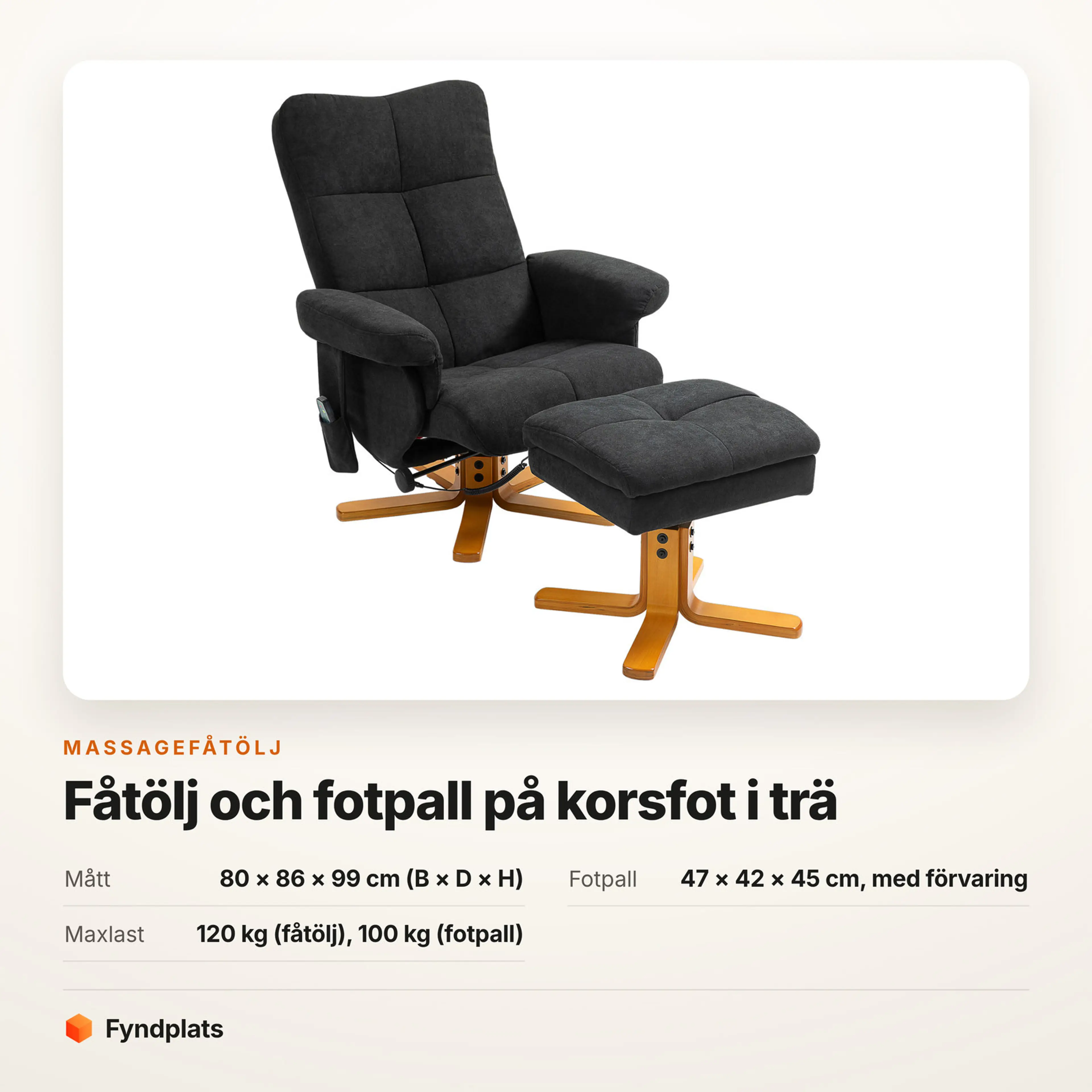 Faktakort: massagefåtölj i tyg, 80 × 86 × 99 cm och maxlast 120 kg