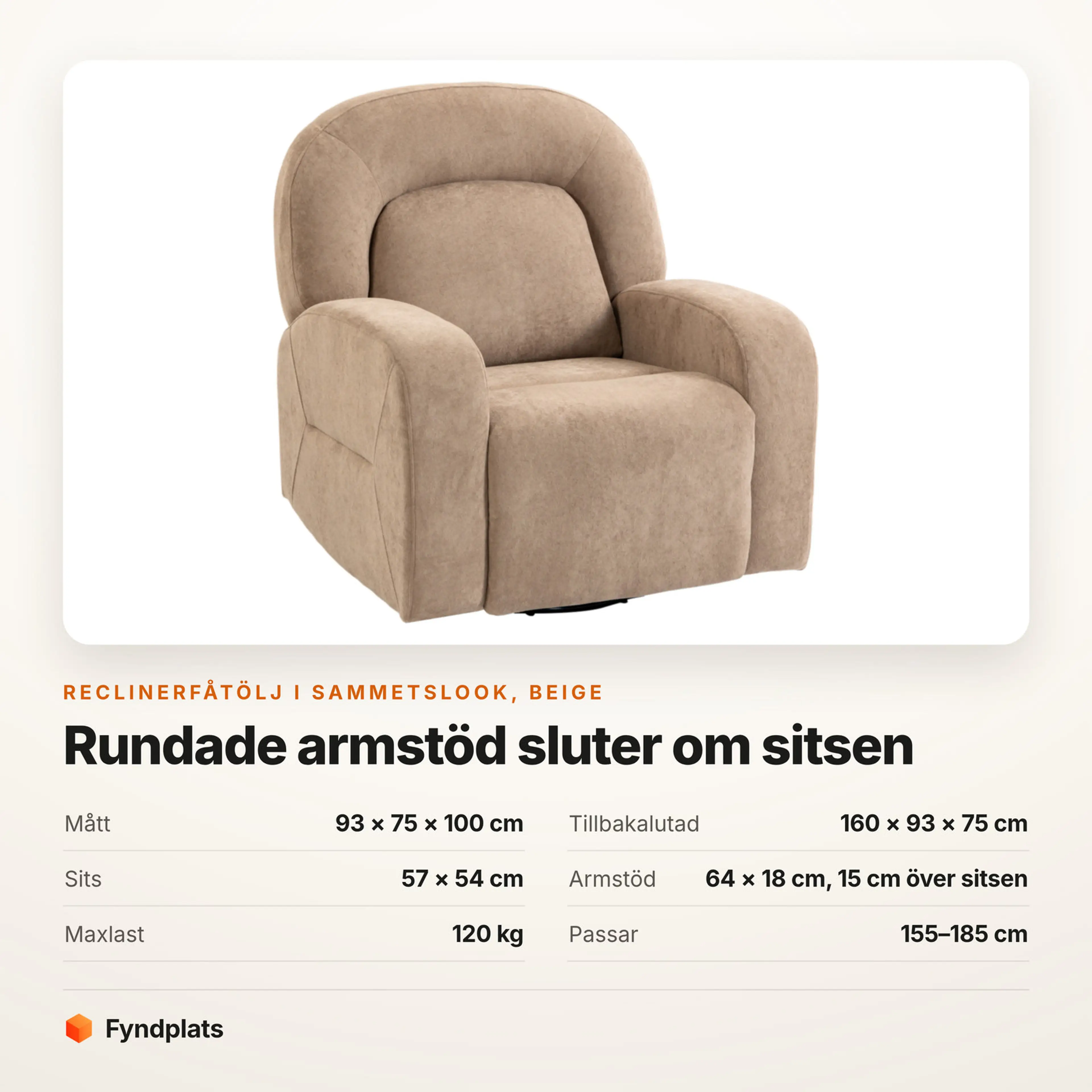 Faktakort: reclinerfåtölj 93 × 75 × 100 cm med 57 × 54 cm sits, armstöd 64 × 18 cm och 15 cm över sitsen, bär 120 kg