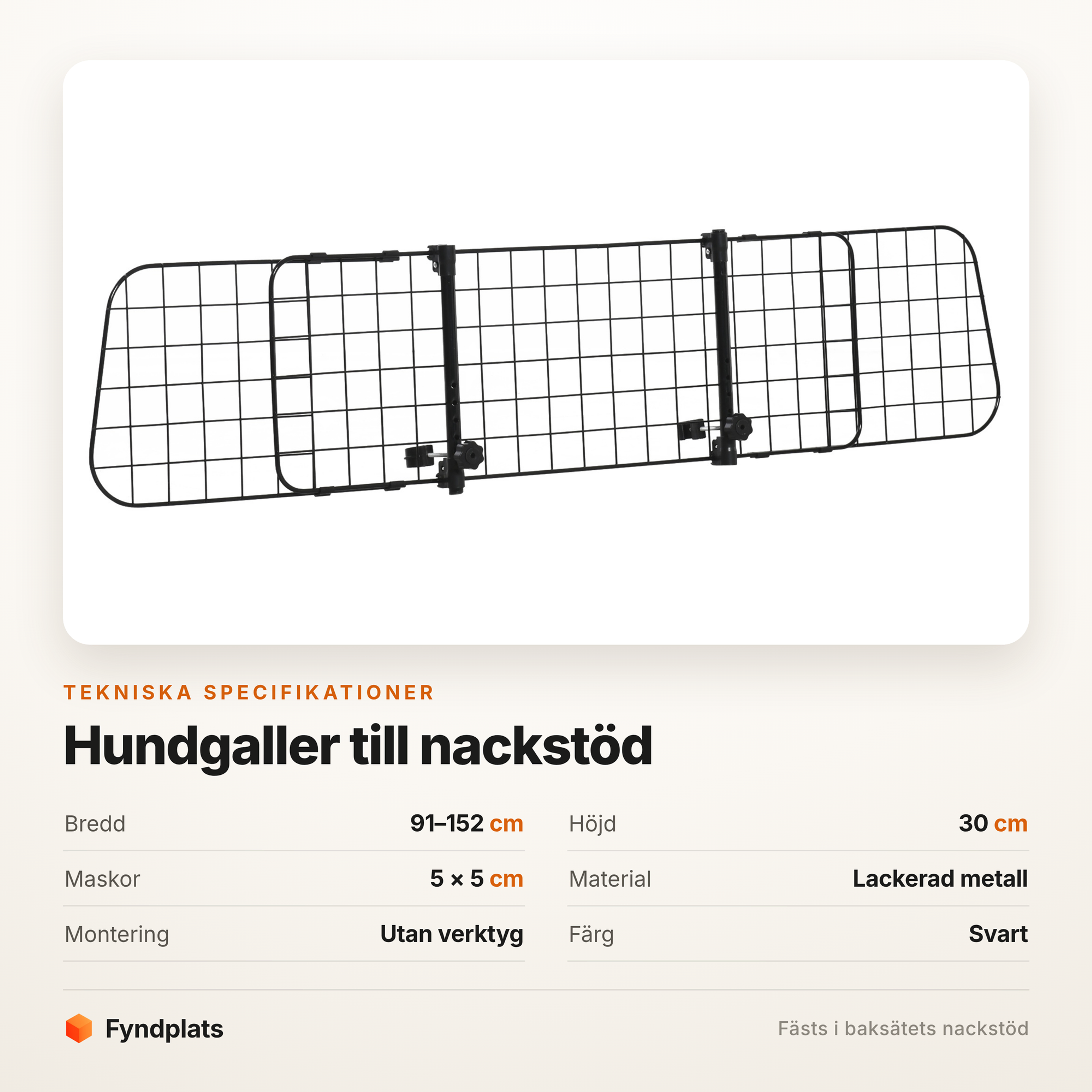 Fyndplats spec-kort för hundgallret: 91–152 cm brett, 30 cm högt och 5 × 5 cm maskor