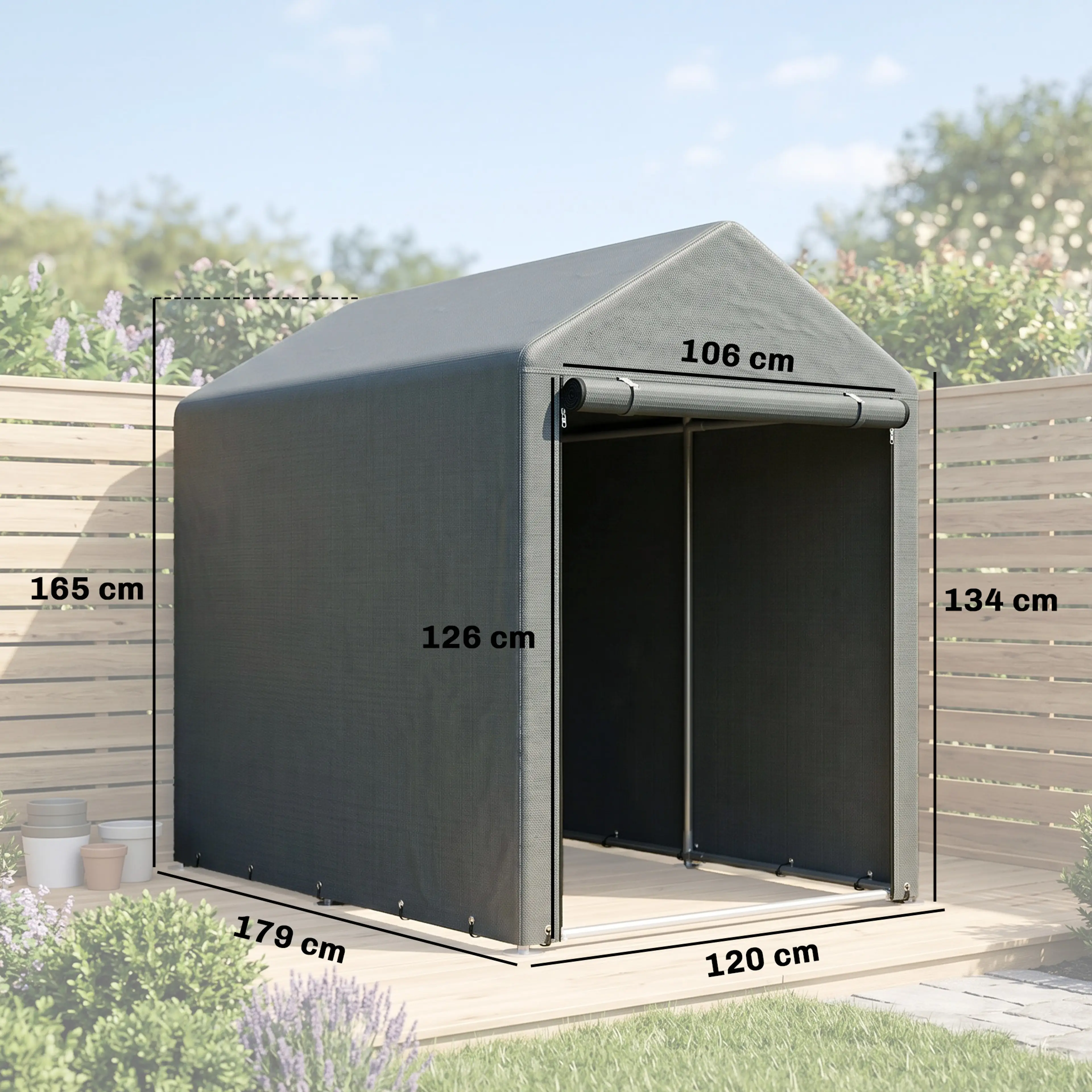 Måttritning för mörkgrått garagetält: 120 × 179 cm och 165 cm i nock