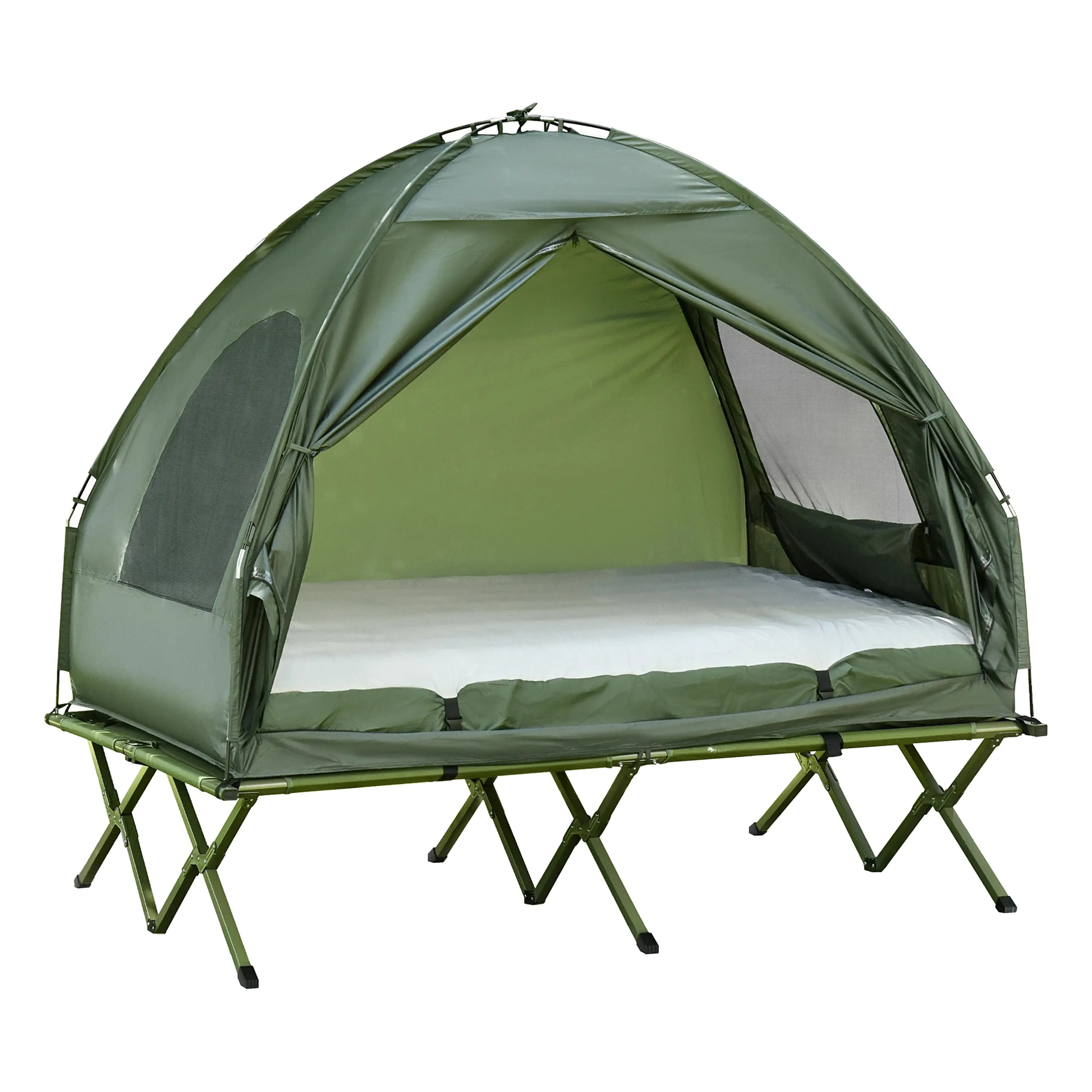 Mörkgrön campingsäng med tält – dubbelbrits 193 cm med luftmadrass