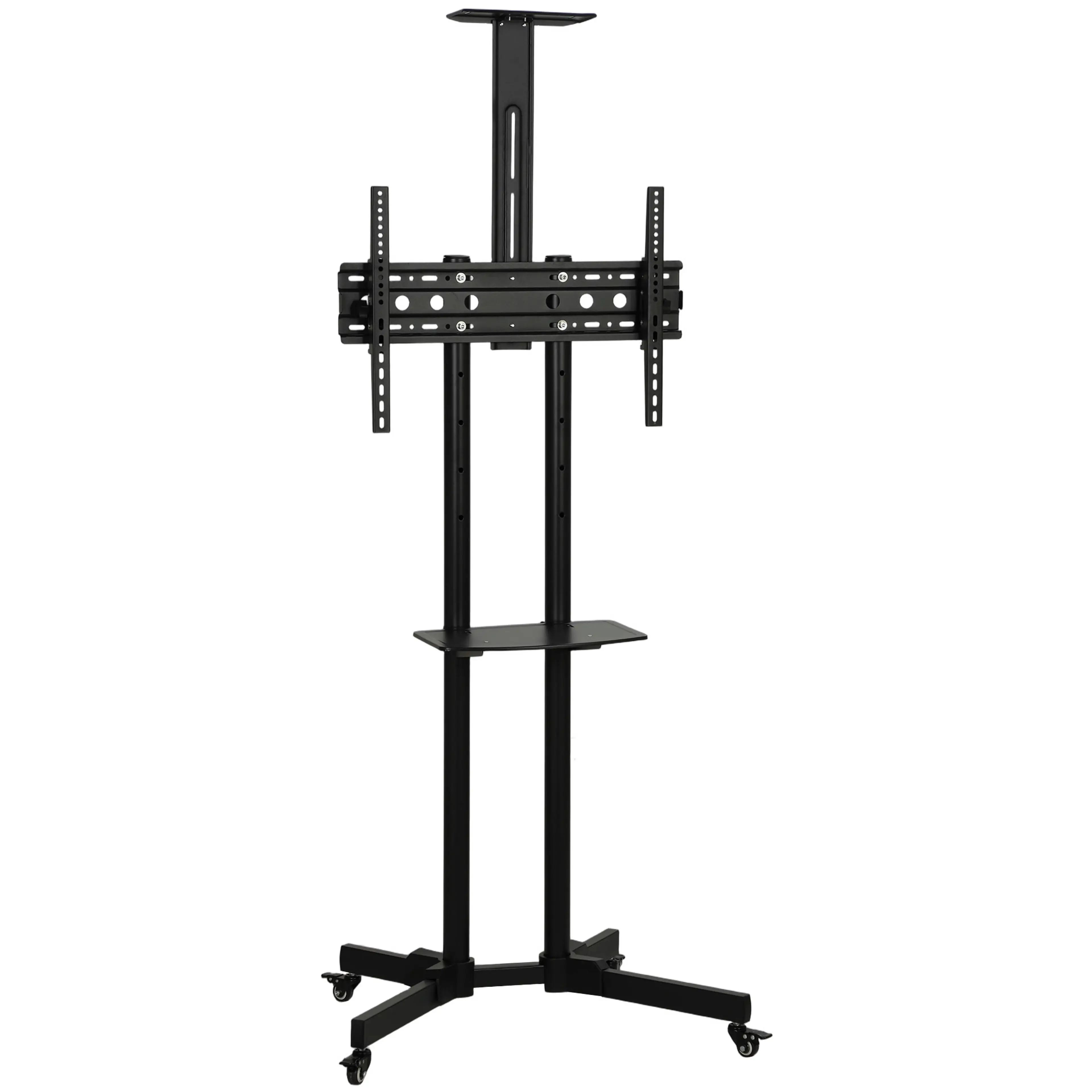 Svart tv-ställ på hjul med fästplatta, mellanhylla och överhylla, på vit bakgrund