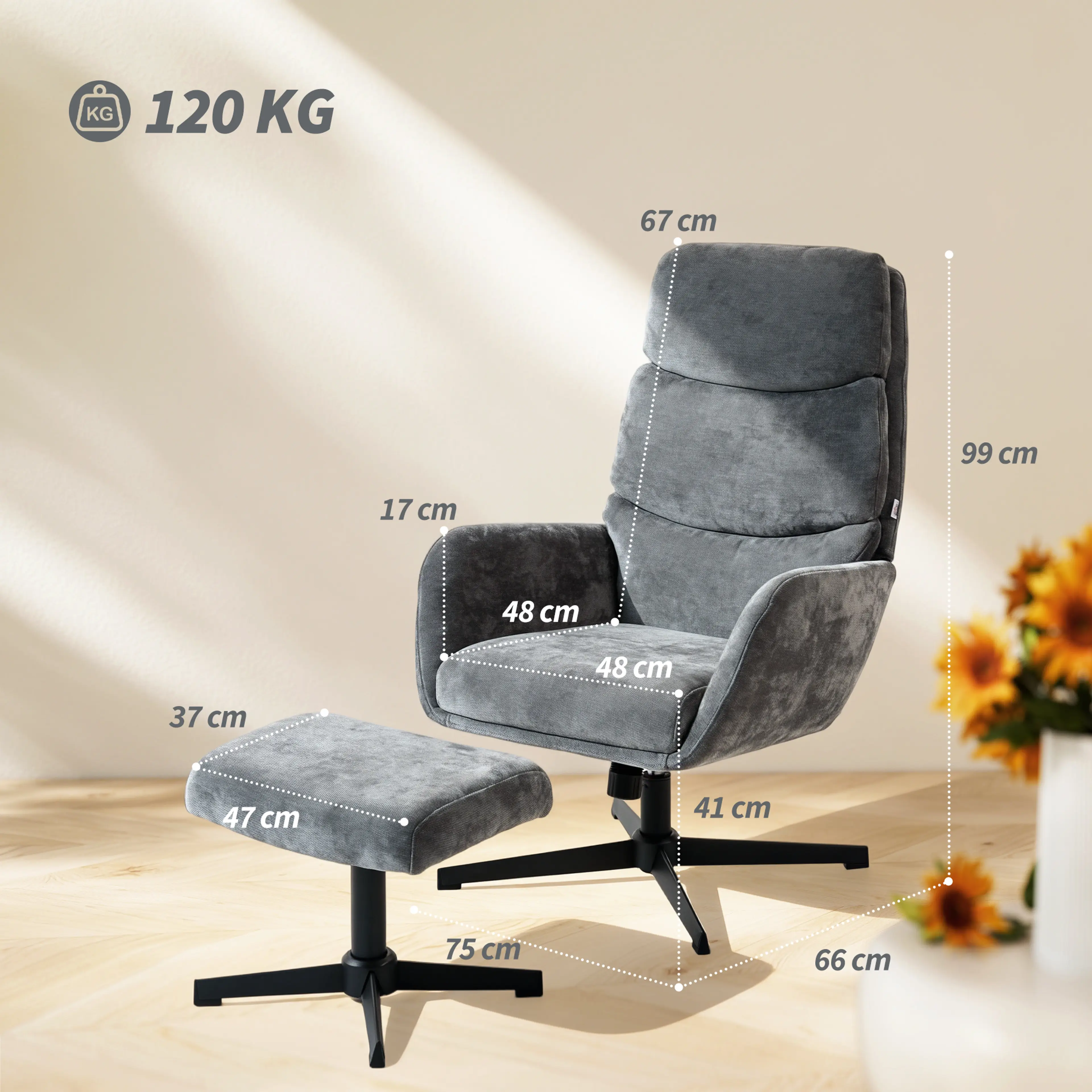 Måttritning: fåtöljen är 75 cm bred, 66 cm djup och 99 cm hög, sitsen 48 × 48 cm på 41 cm höjd, fotpallen 47 × 37 cm