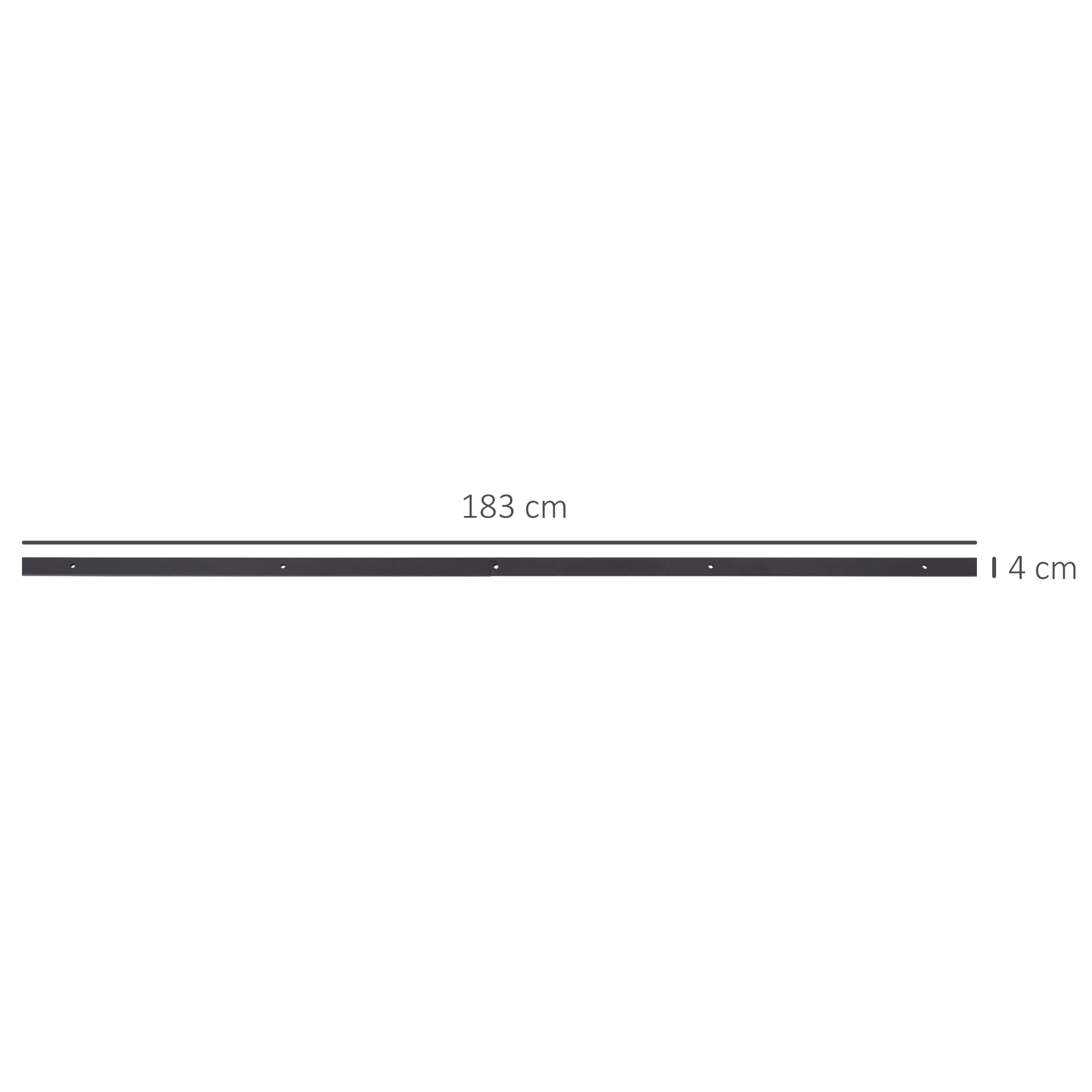 Måttskiss av skjutdörrsbeslagets skena rakt framifrån: 183 cm lång och 4 cm hög, med jämnt fördelade skruvhål