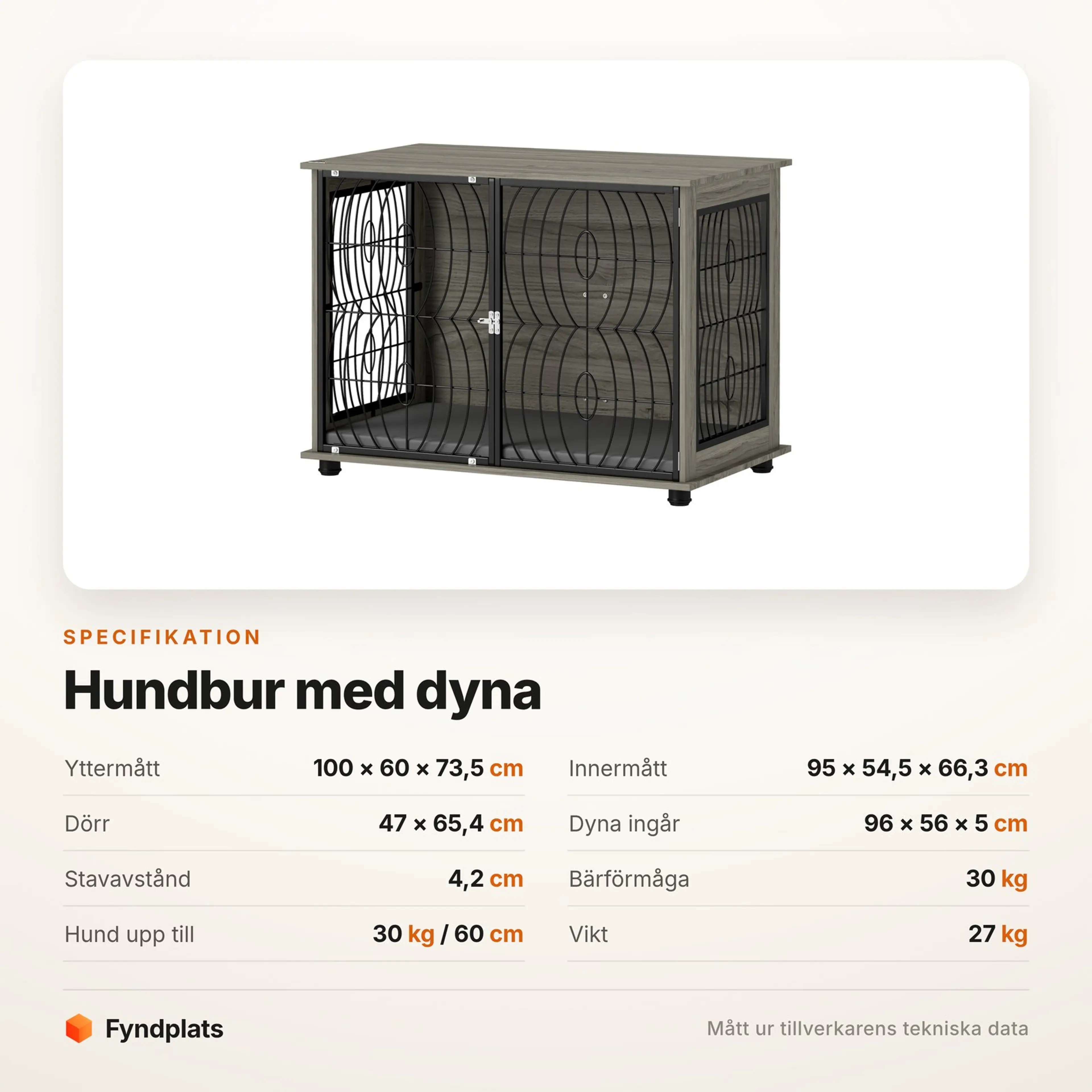 Spec-kort för hundbur med dyna med mått, dörrstorlek och dynans mått