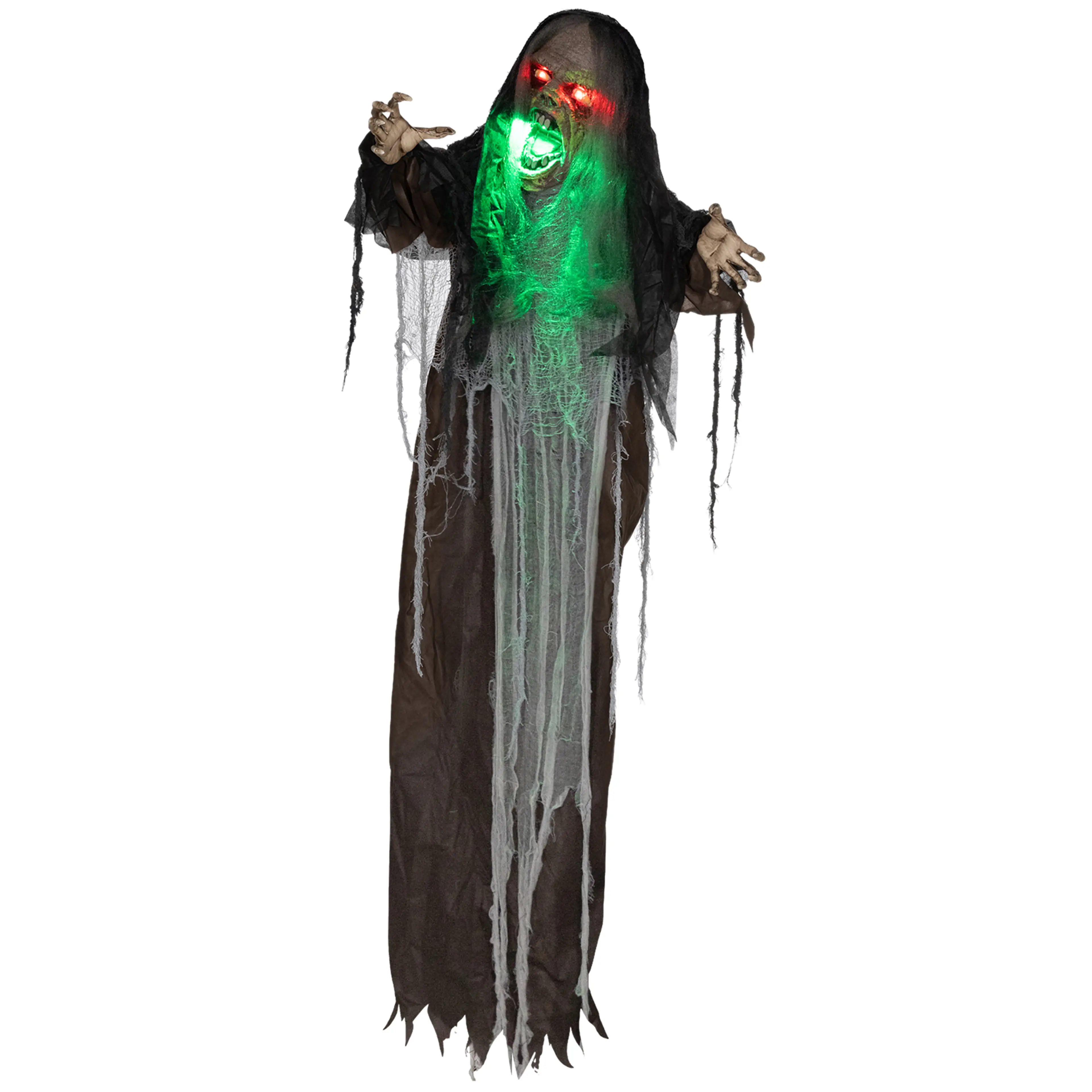 Hängande halloweenfigur med svart kåpa, röda ögon och grönt lysande mun