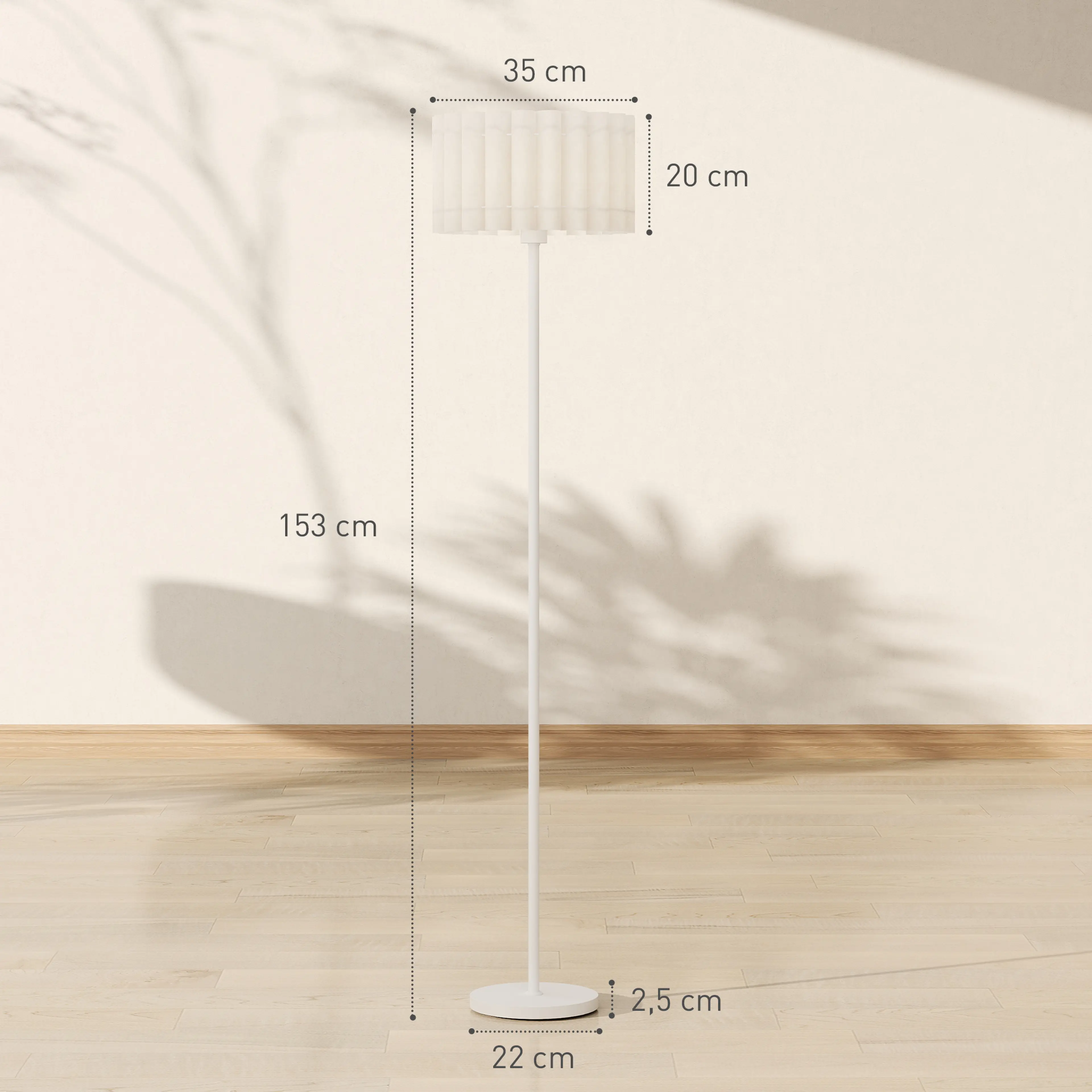 Måttskiss: skärmen Ø 35 × 20 cm, höjden 153 cm och foten Ø 22 cm