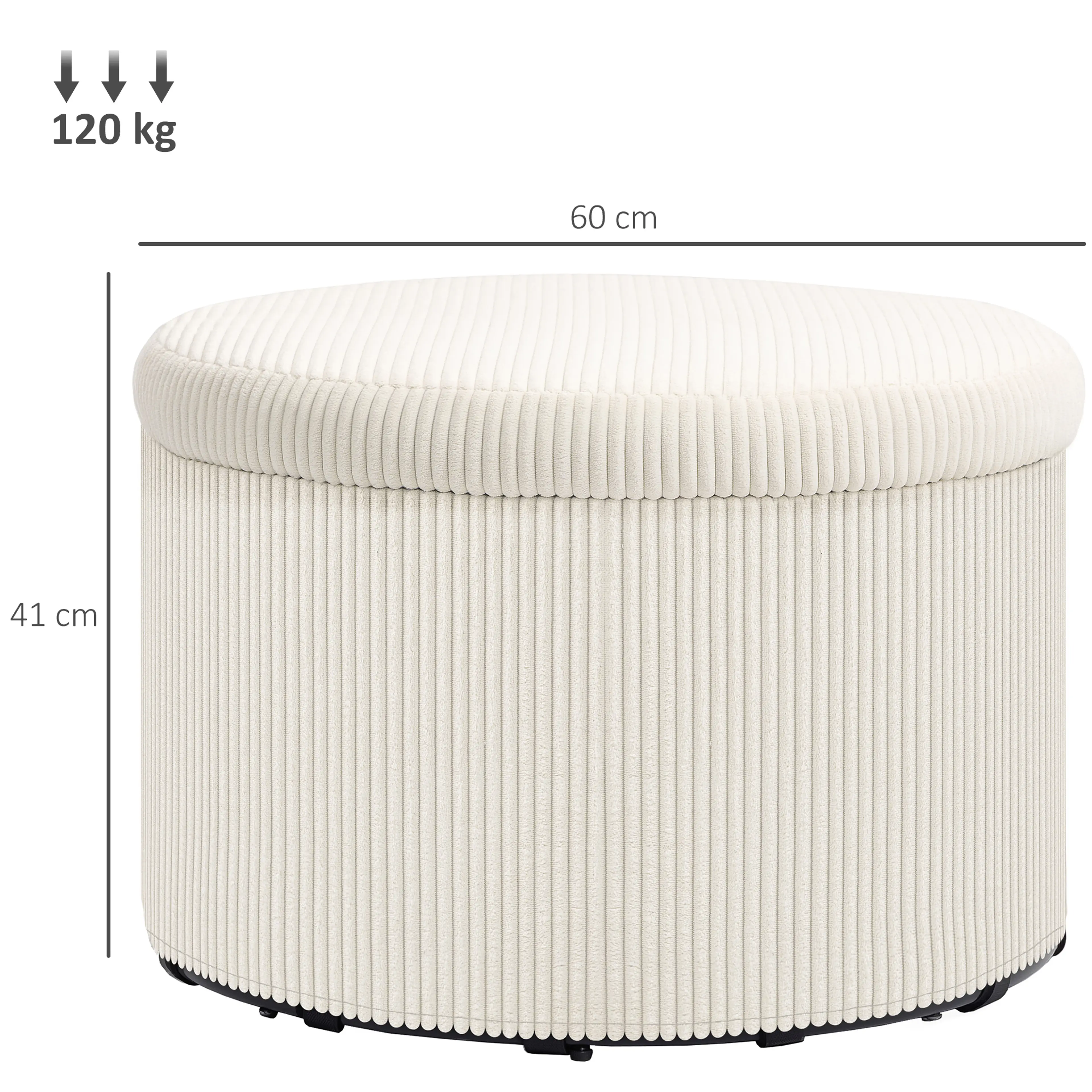Måttbild: puffen är 60 cm bred och 41 cm hög och bär 120 kg