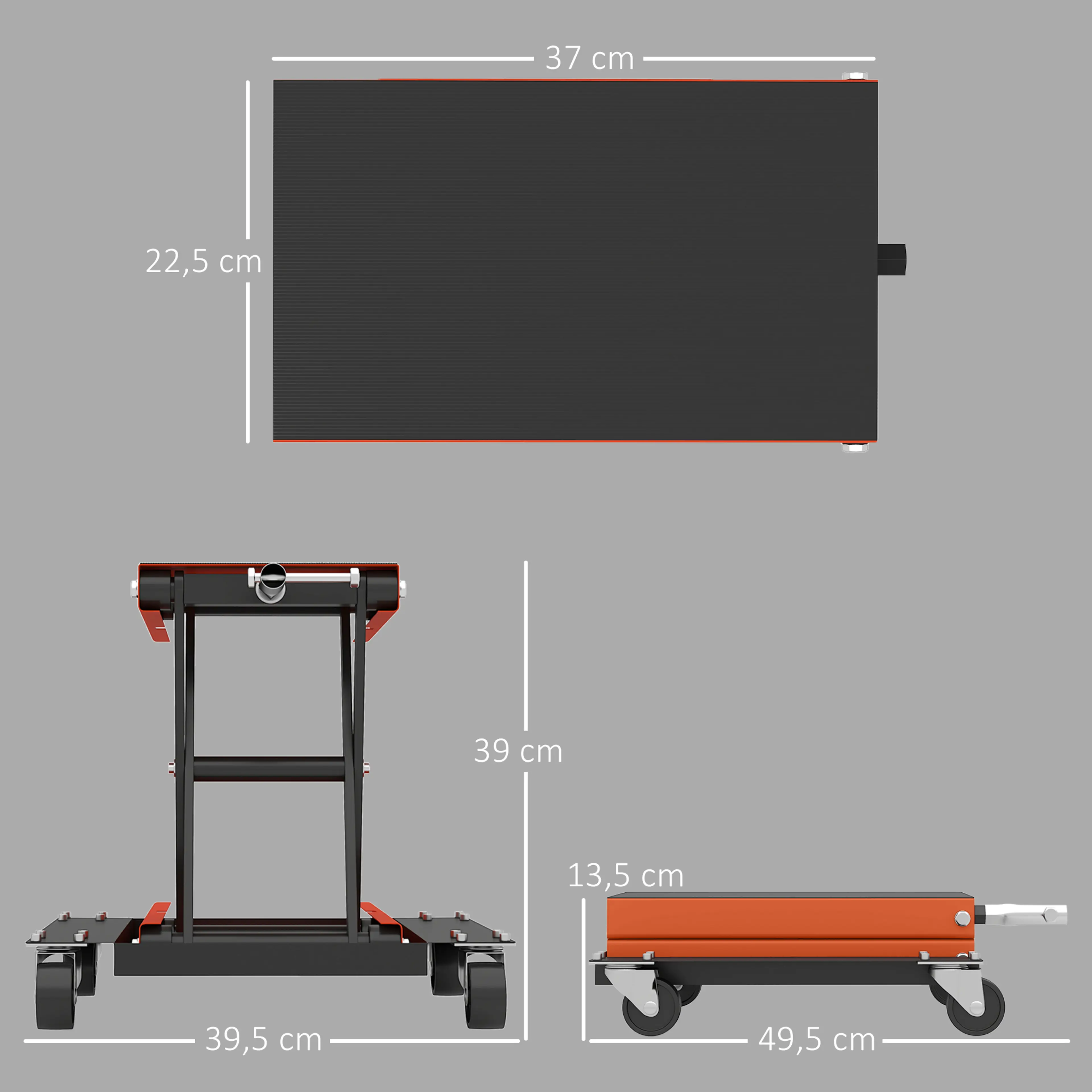 Måttbild: plattformen är 37 × 22,5 cm, lyften 49,5 × 39,5 cm och lyfthöjden 13,5–39 cm