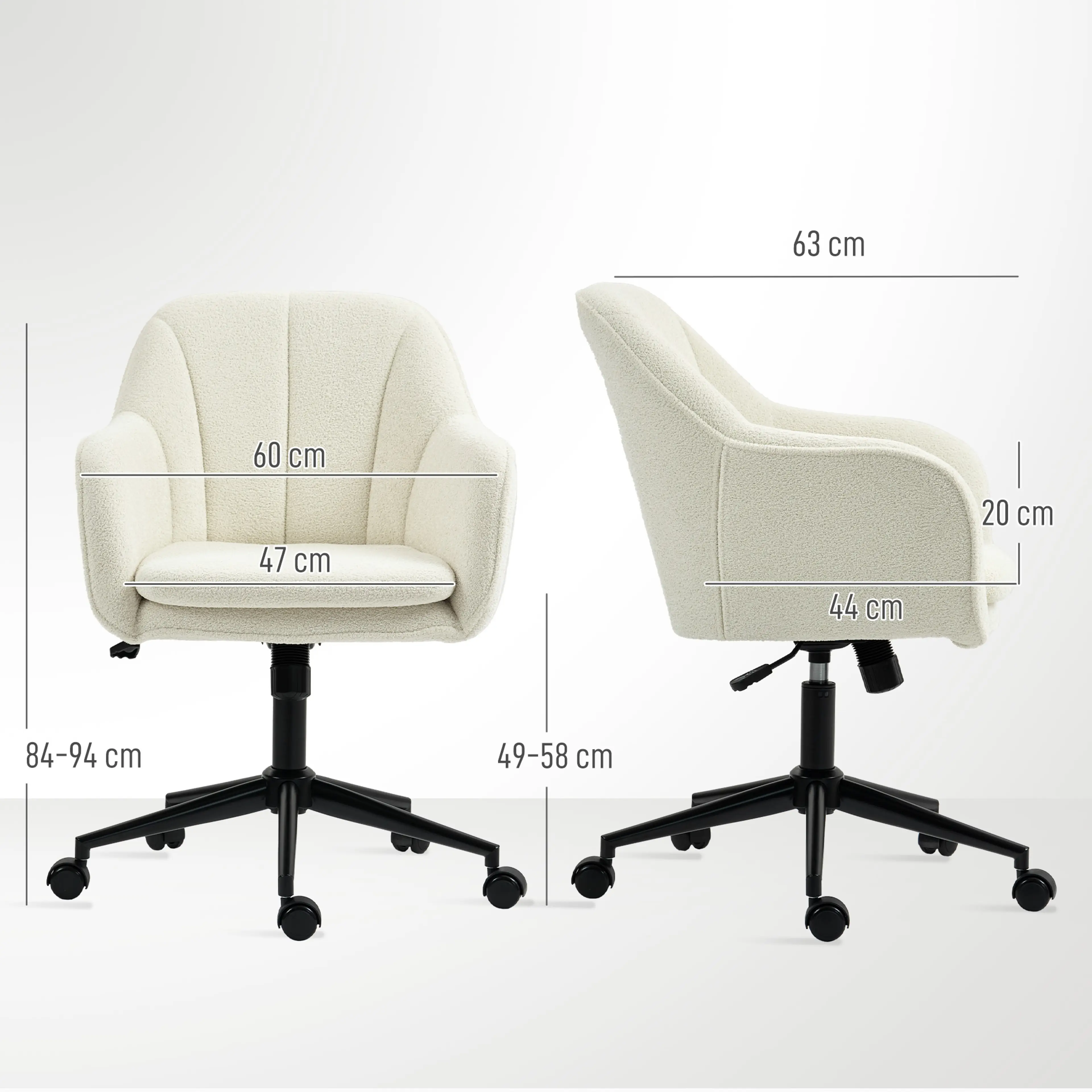 Måttritning med bredd 60 cm, djup 63 cm, höjd 84–94 cm och sitthöjd 49–58 cm