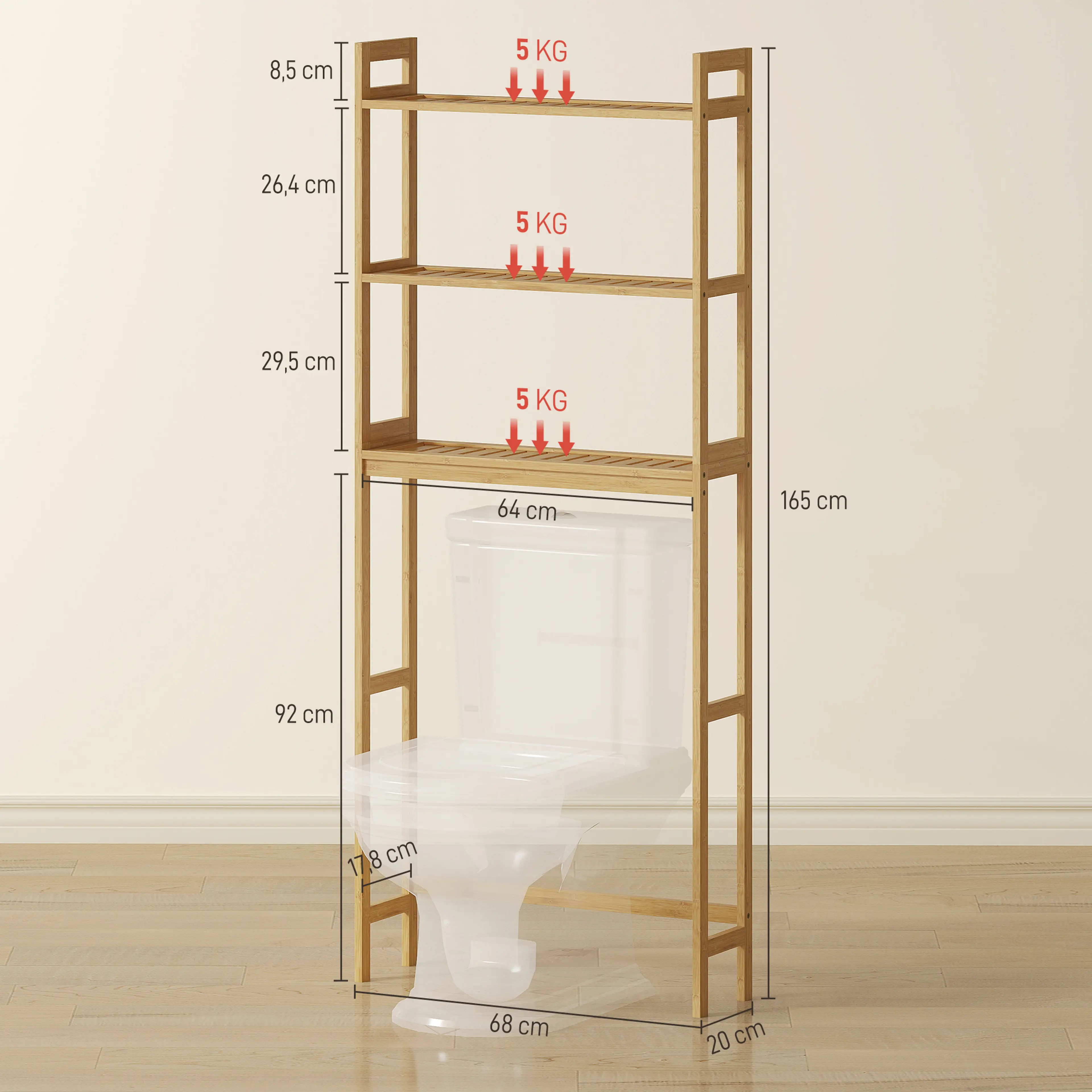 Måttbild: hyllan är 68 × 20 × 165 cm, 64 cm bred och 92 cm hög under hyllplanen, och varje hyllplan bär 5 kg
