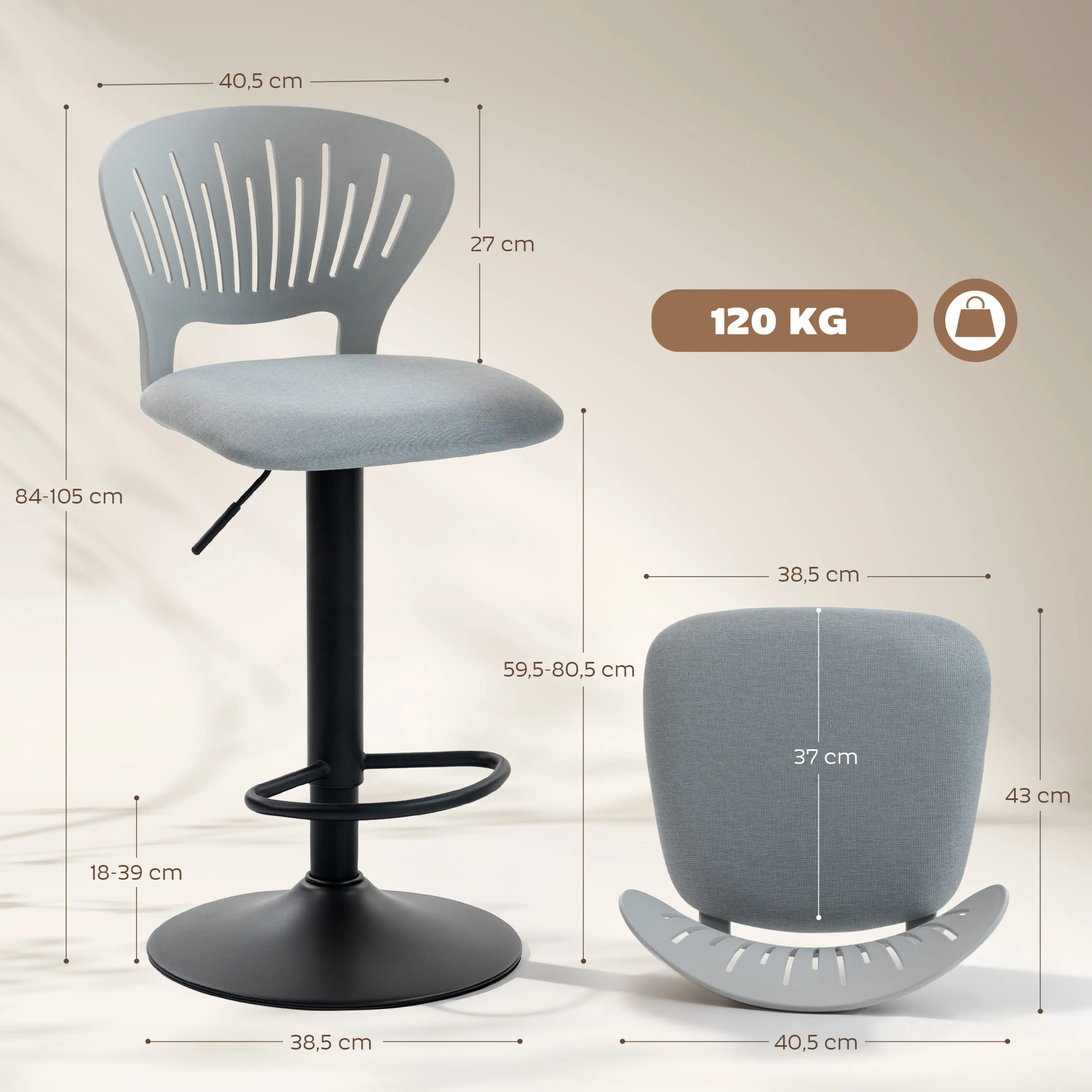 Måttskiss på grå barstol: totalhöjd 84-105 cm, sitthöjd 59,5-80,5 cm, bredd 40,5 cm, fotstöd 18-39 cm, fotdiameter 38,5 cm och maxlast 120 kg