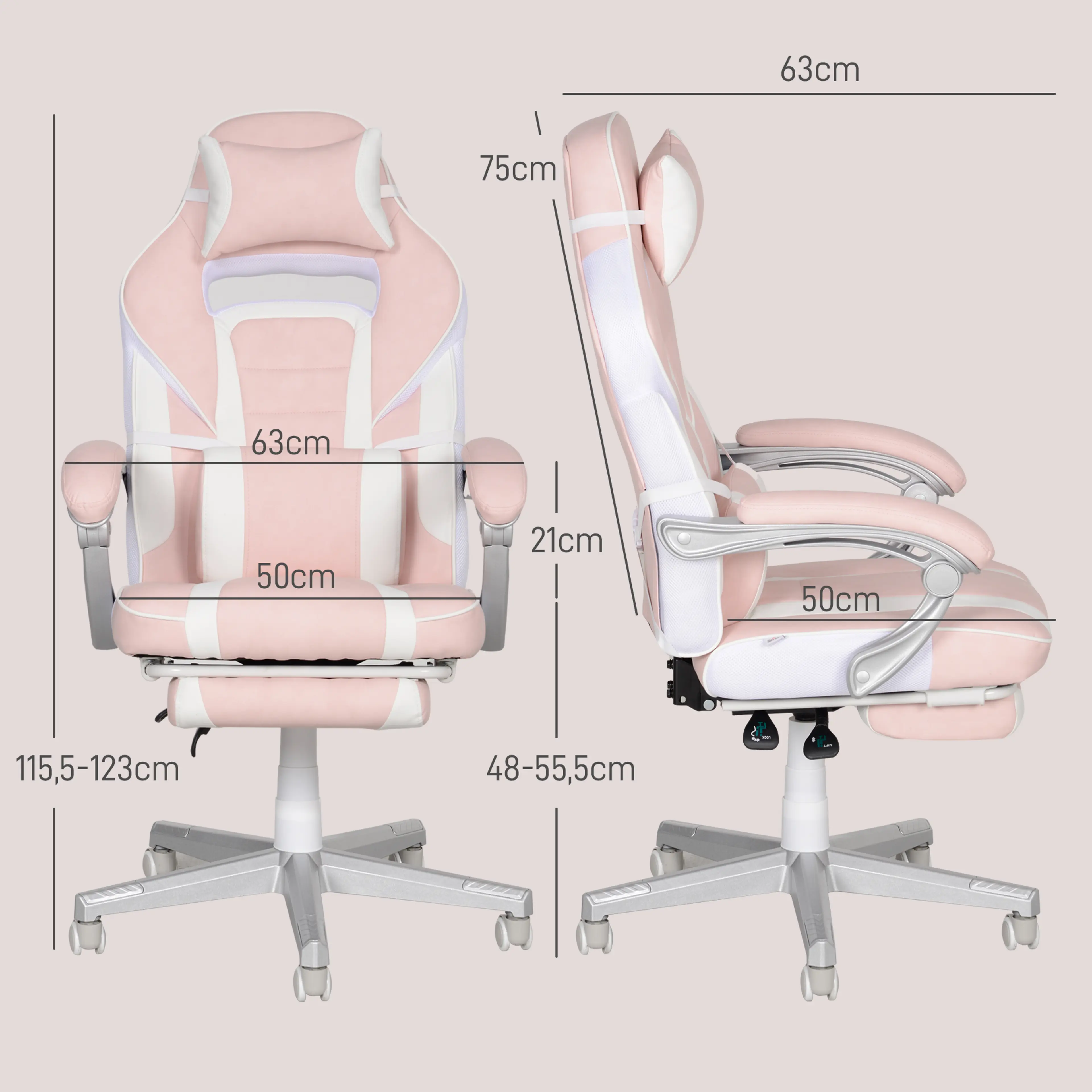 Måttritning för stolen: 63 × 63 cm, 115,5–123 cm hög, rygg 75 cm och sitthöjd 48–55,5 cm