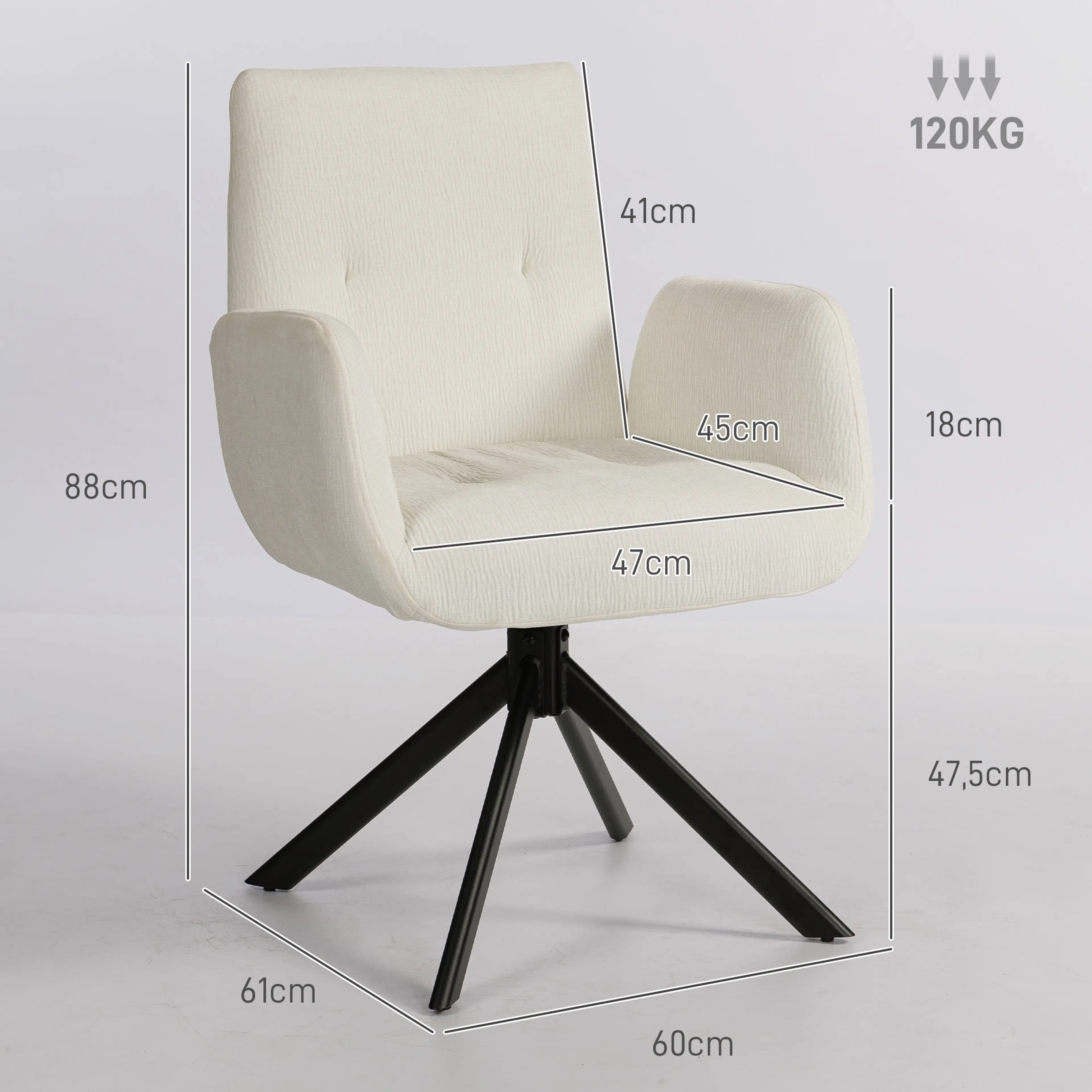 Måttritning: fåtöljen är 60 cm bred, 61 cm djup och 88 cm hög, sitsen 47 × 45 cm på 47,5 cm höjd