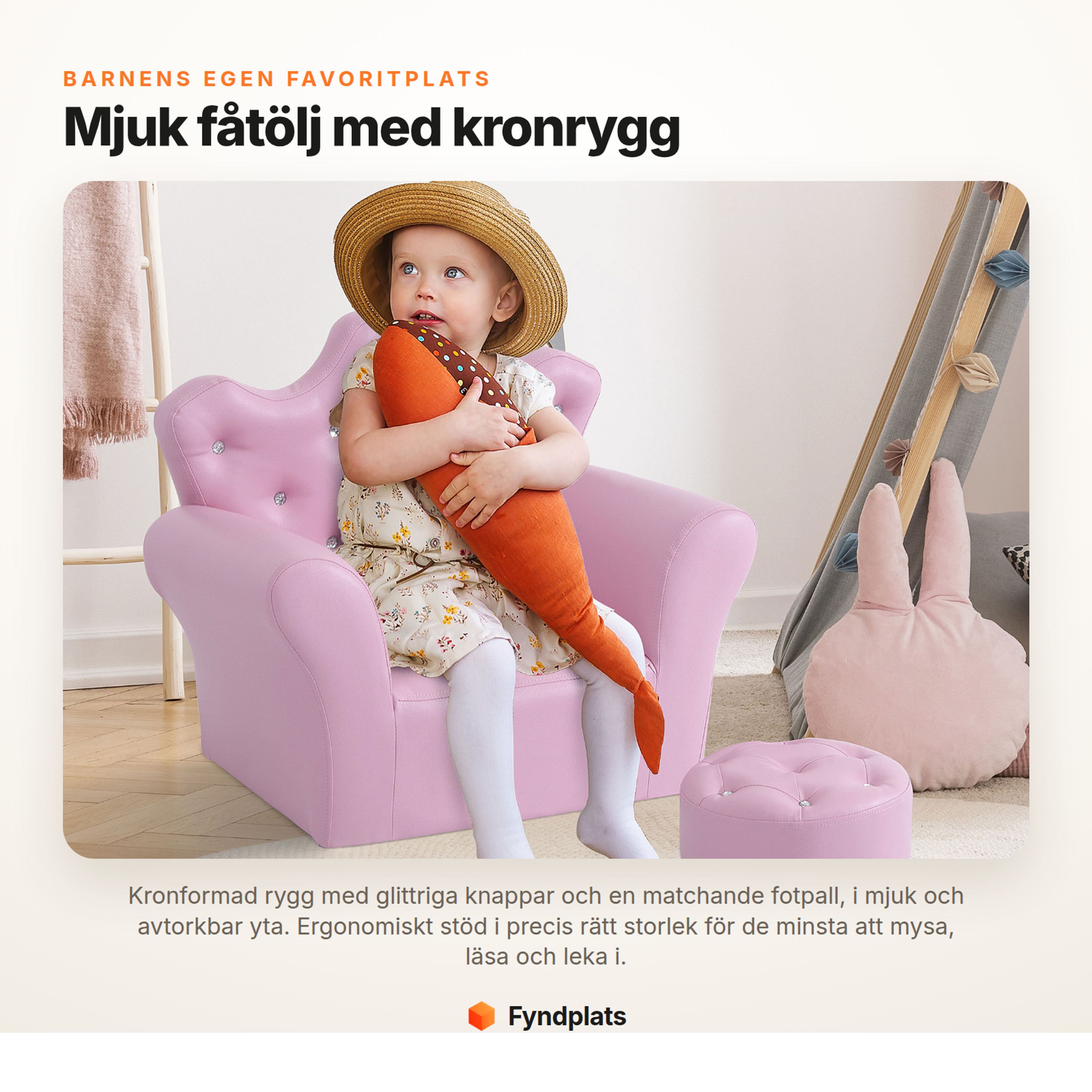 Fyndplats – mjuk barnfåtölj med kronrygg och matchande fotpall i rosa
