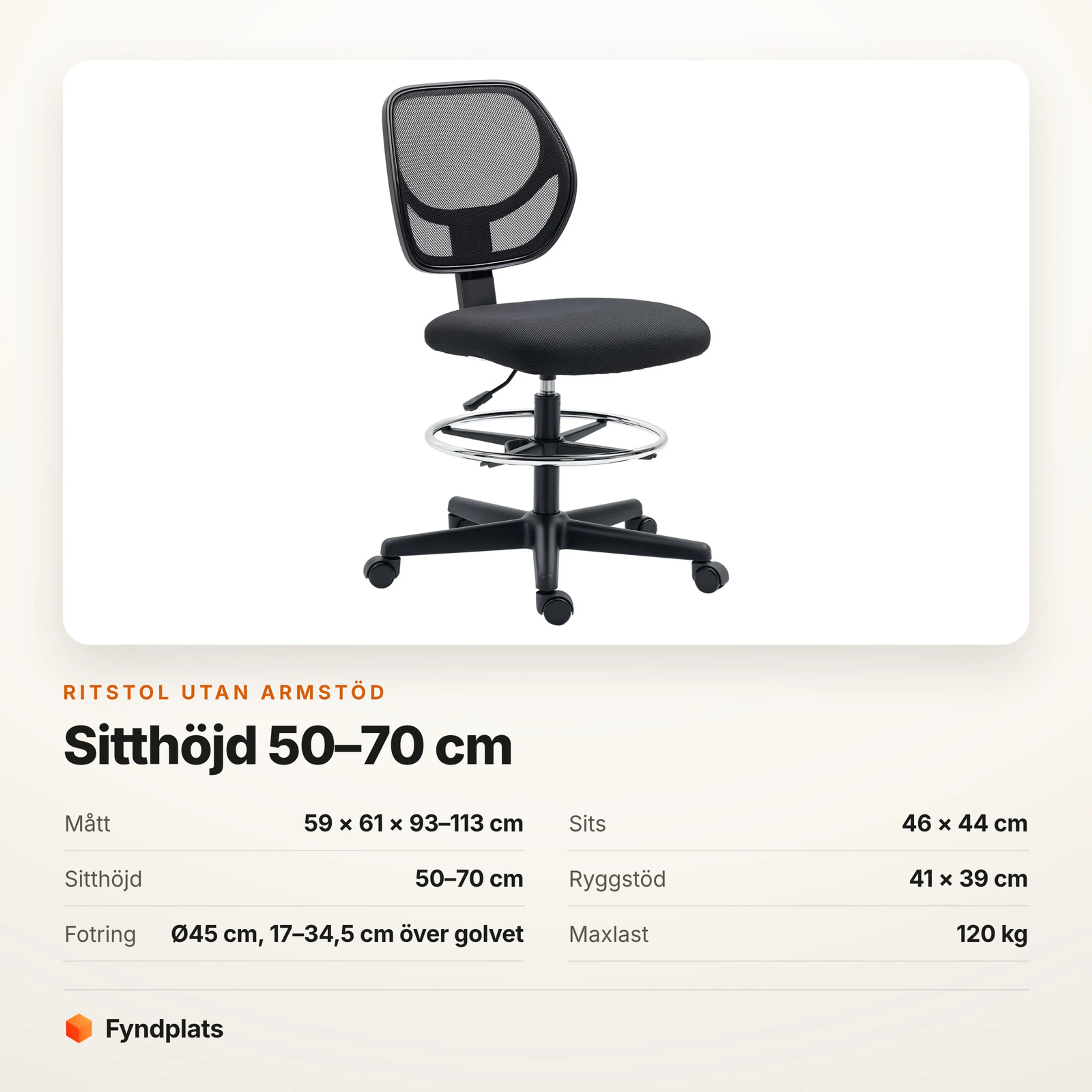 Ritstol utan armstöd i svart nätväv – Faktakort med mått, sits, sitthöjd, ryggstöd, fotring och maxlast