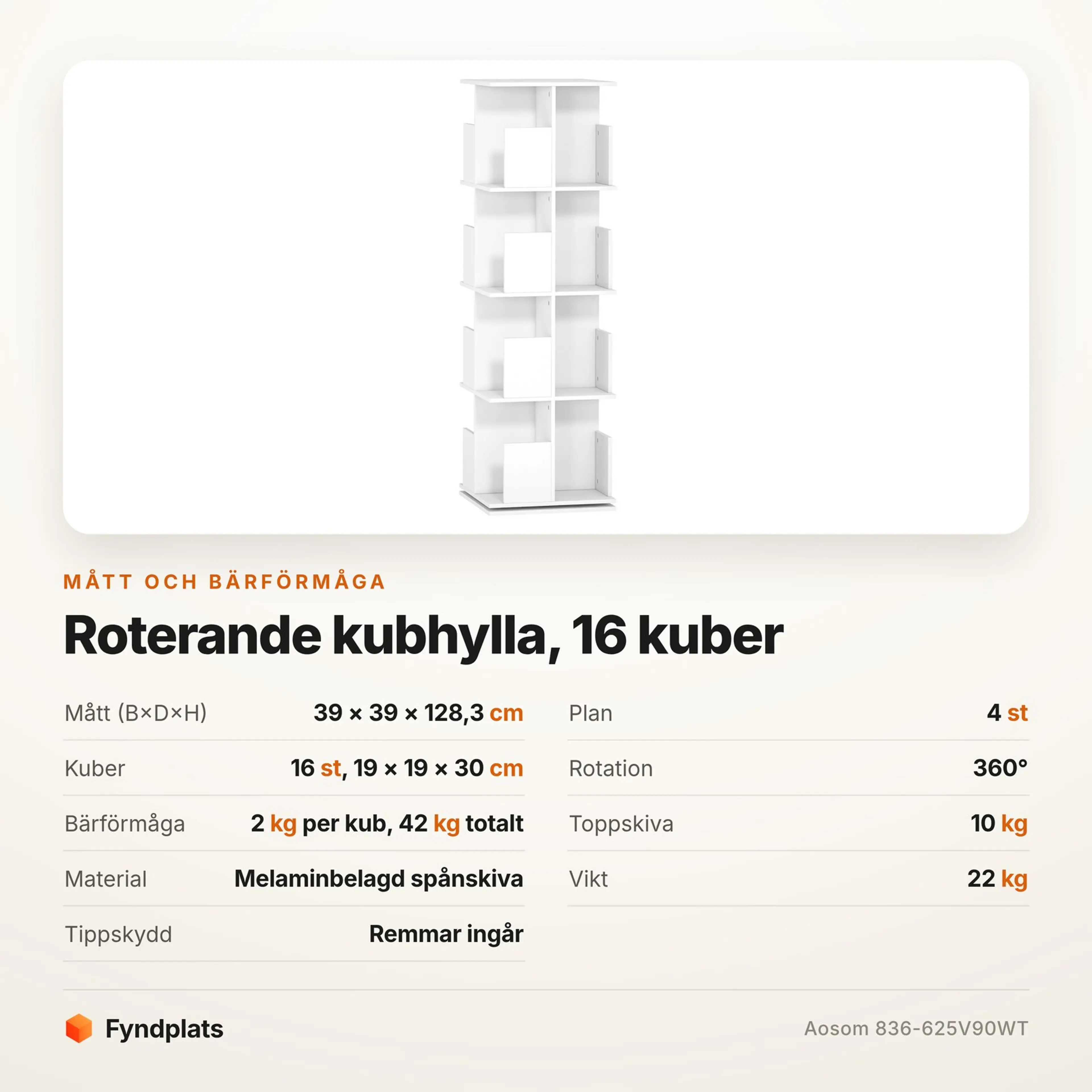 Fyndplats specifikationskort för roterande bokhylla med mått och bärförmåga