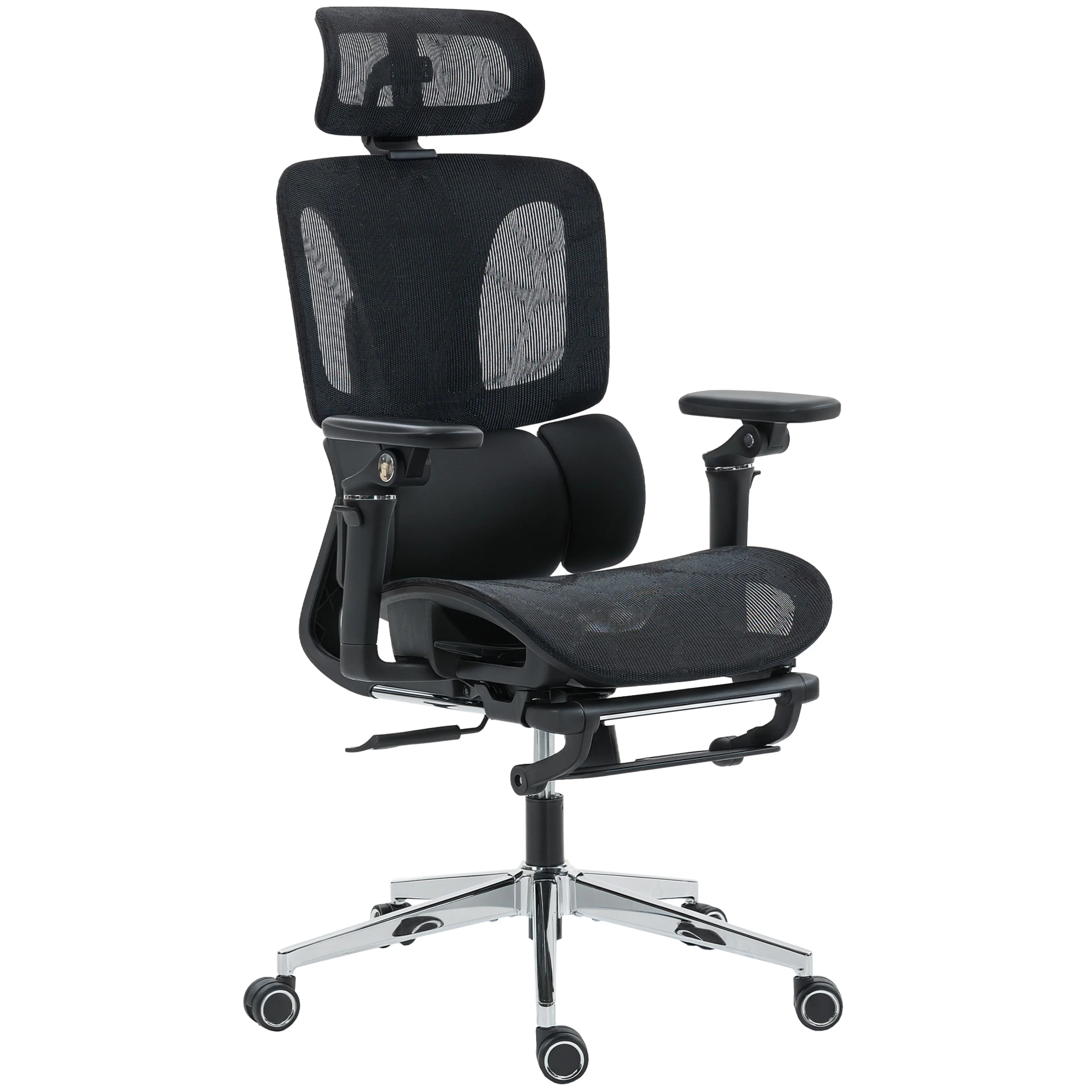 Svart ergonomisk kontorsstol i nätväv med nackstöd och utdraget fotstöd
