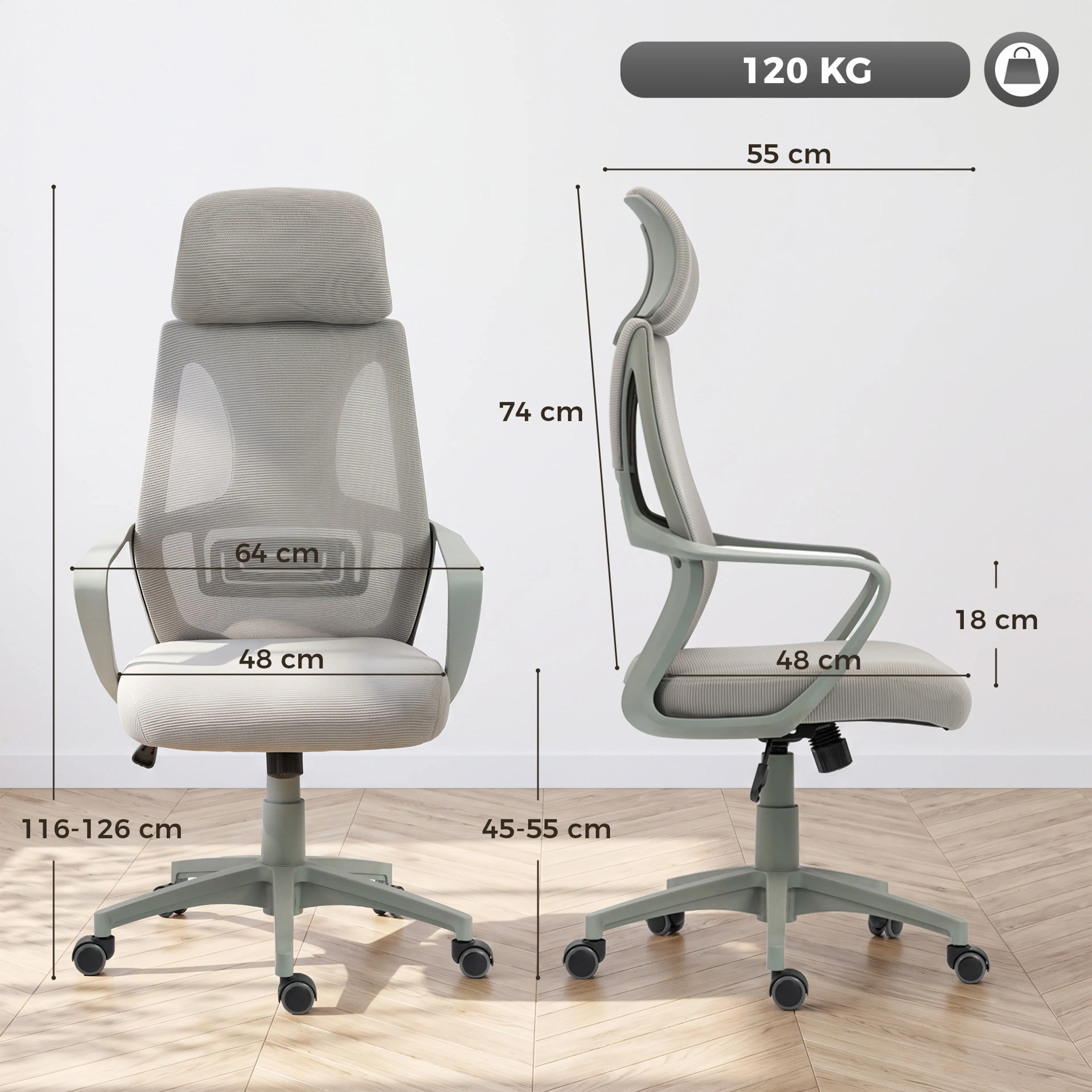 Måttritning med bredd 55 cm, höjd 116–126 cm, rygg 74 cm och sits 48 cm