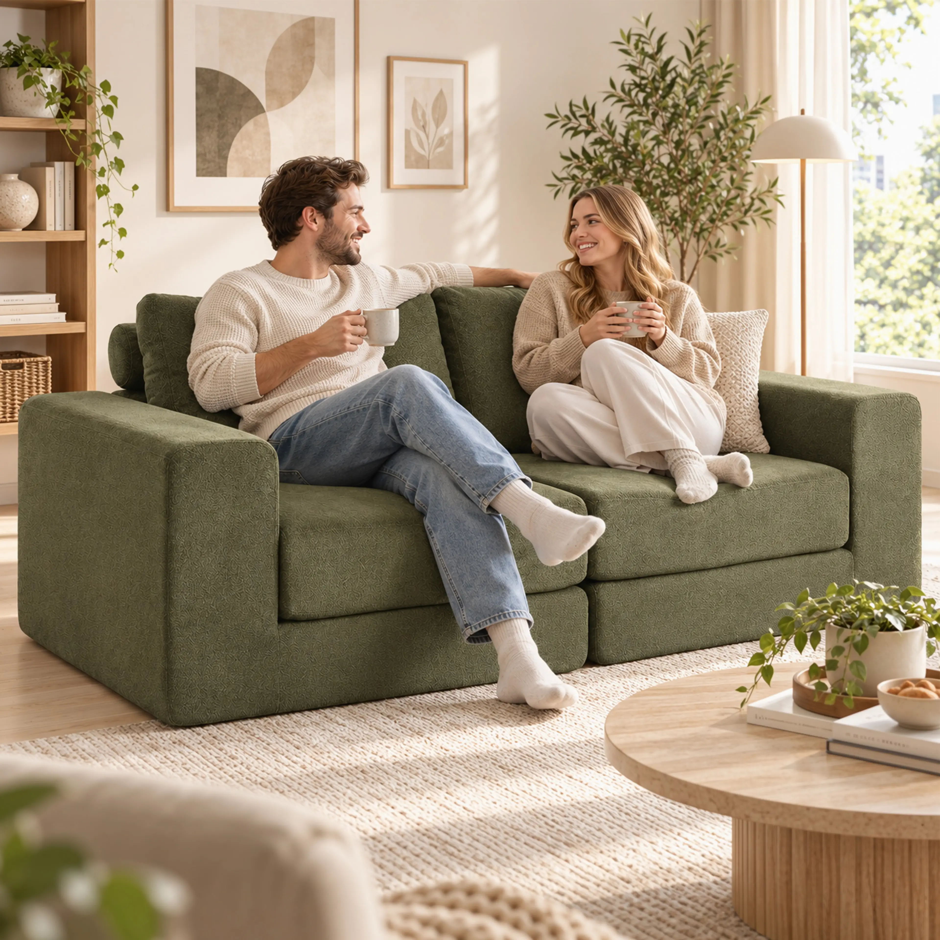 Ett par sitter och pratar i den gröna soffan