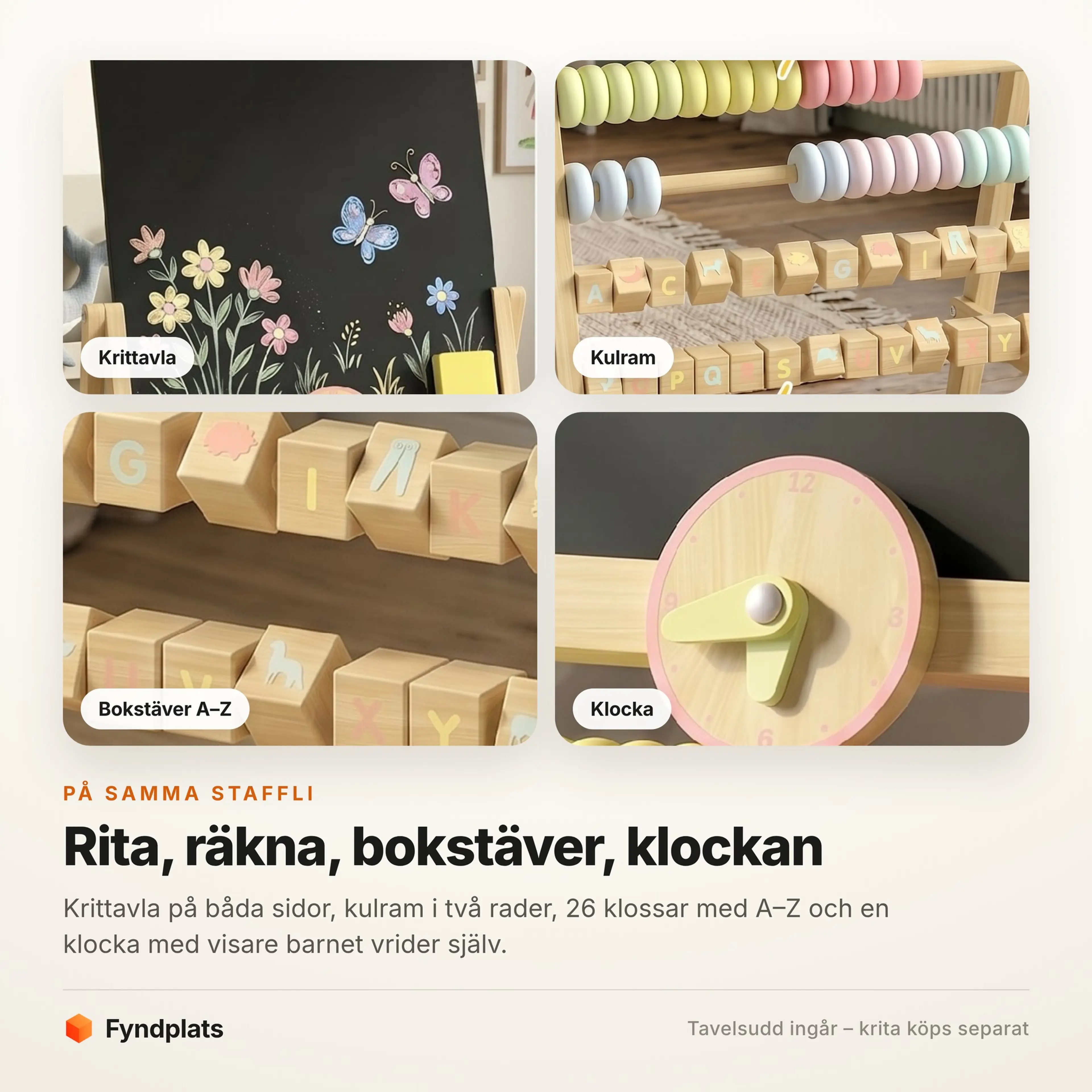 Krittavla, kulram, alfabetsklossar A–Z och träklocka på samma barnstaffli
