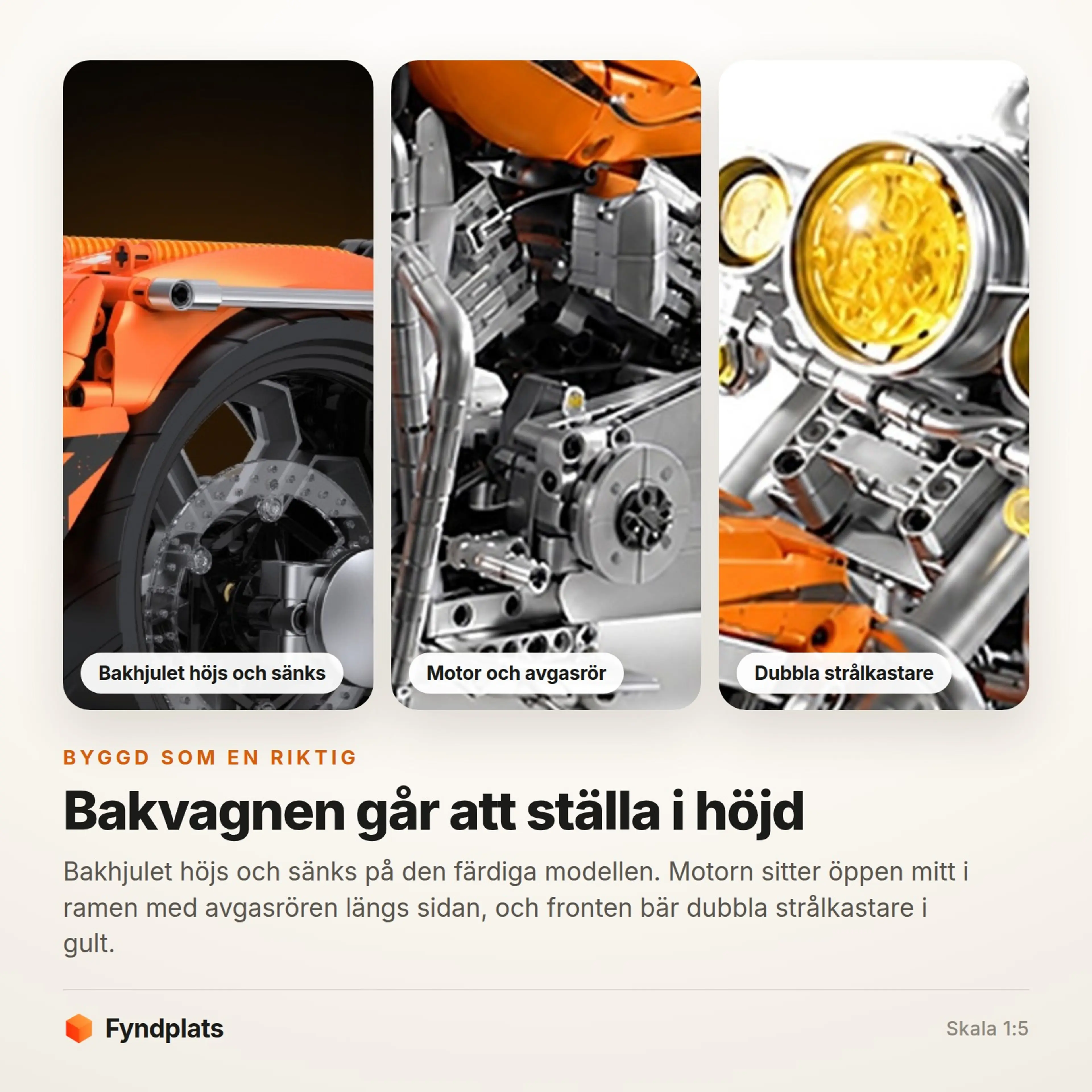 Fyndplats-kort: närbilder på den höj- och sänkbara bakvagnen, motorn med avgasrör och de dubbla strålkastarna