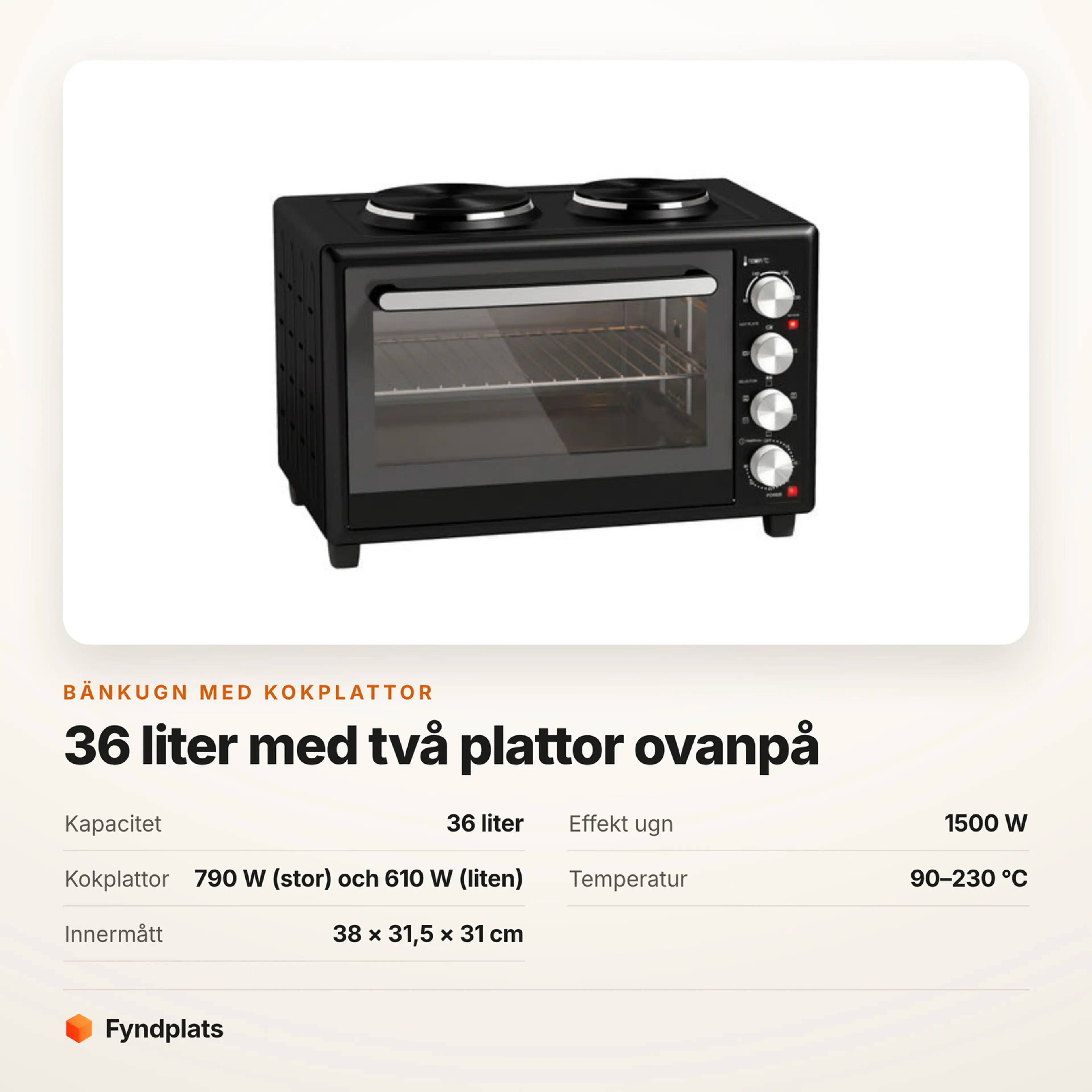 Faktakort: 36 liter, 1500 W ugn och kokplattor på 790 och 610 W, 90–230 °C. Innermått 38 × 31,5 × 31 cm.