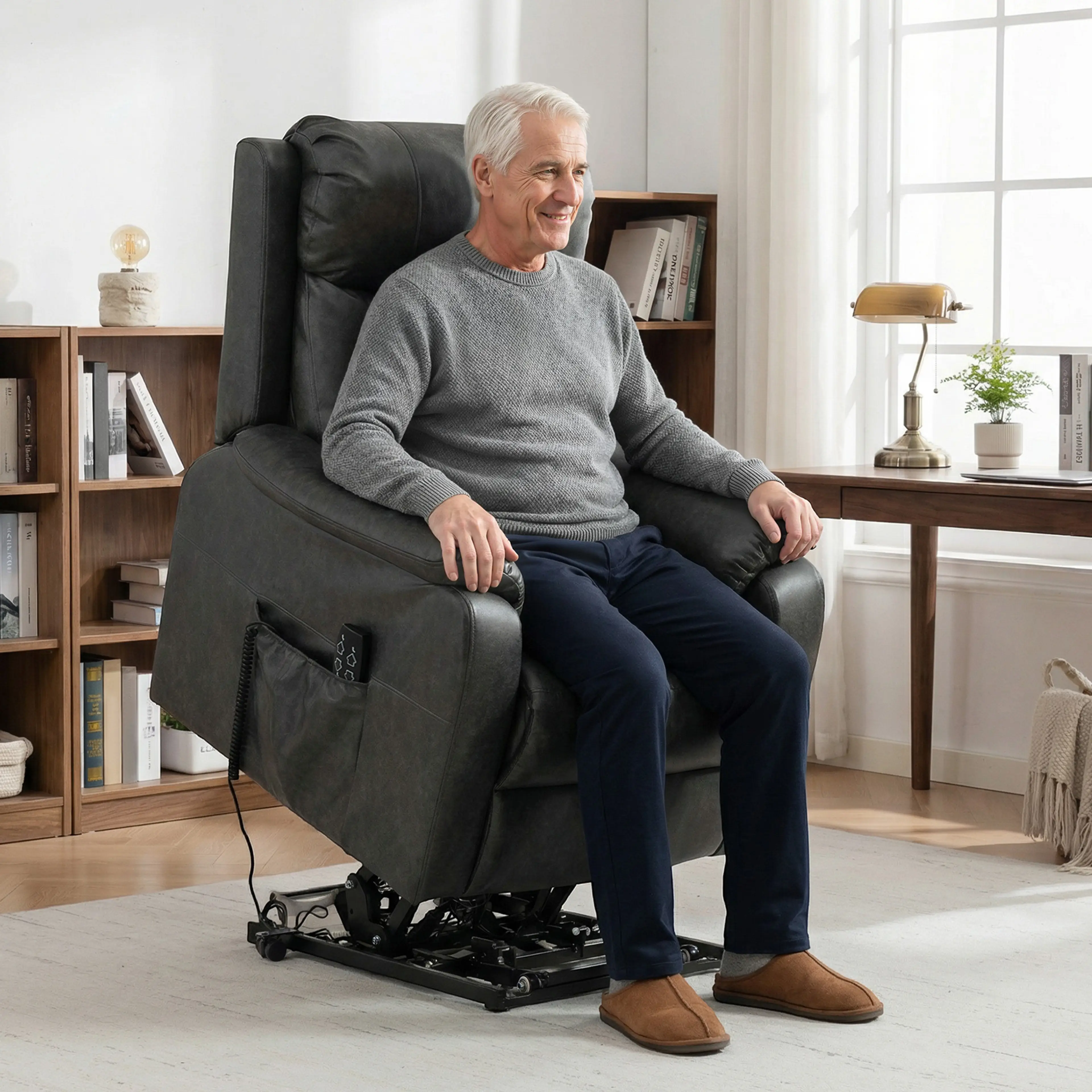 En äldre man sitter i fåtöljen i ett vardagsrum