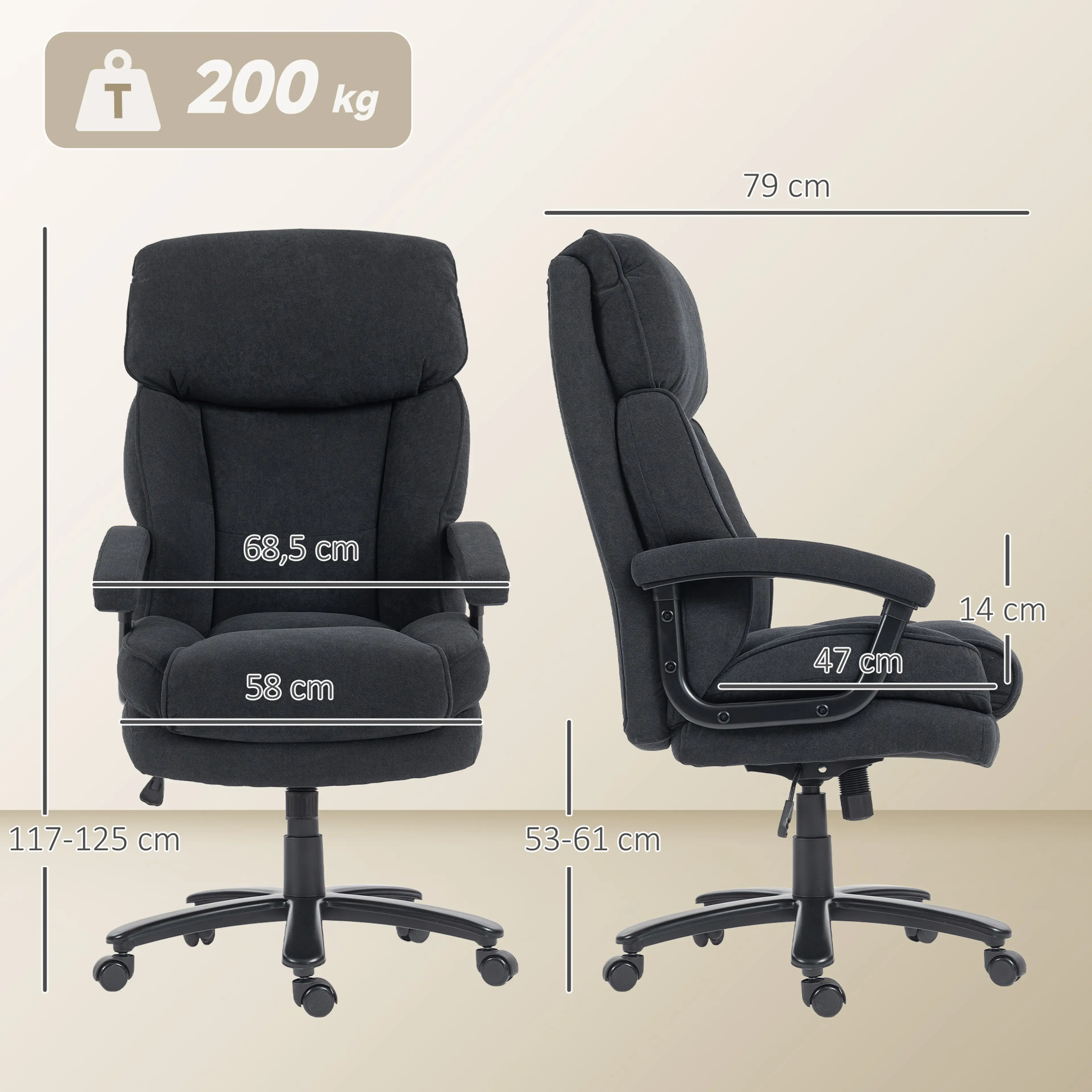 Kontorsstol svart som bär 200 kg – 58 cm sits och 70 cm hög rygg – bild 4