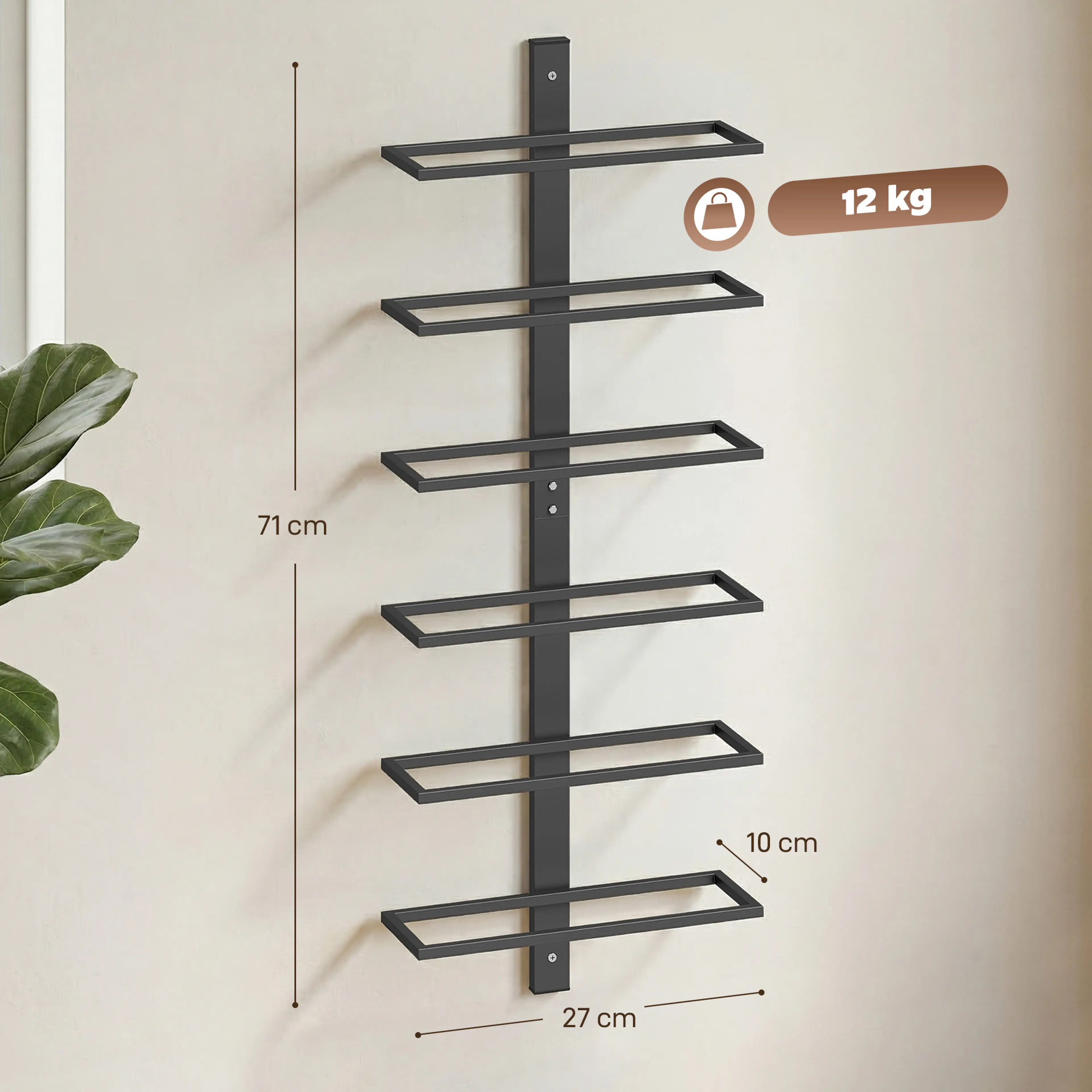 Måttbild: vinstället är 27 cm brett, 10 cm djupt och 71 cm högt och bär 12 kg