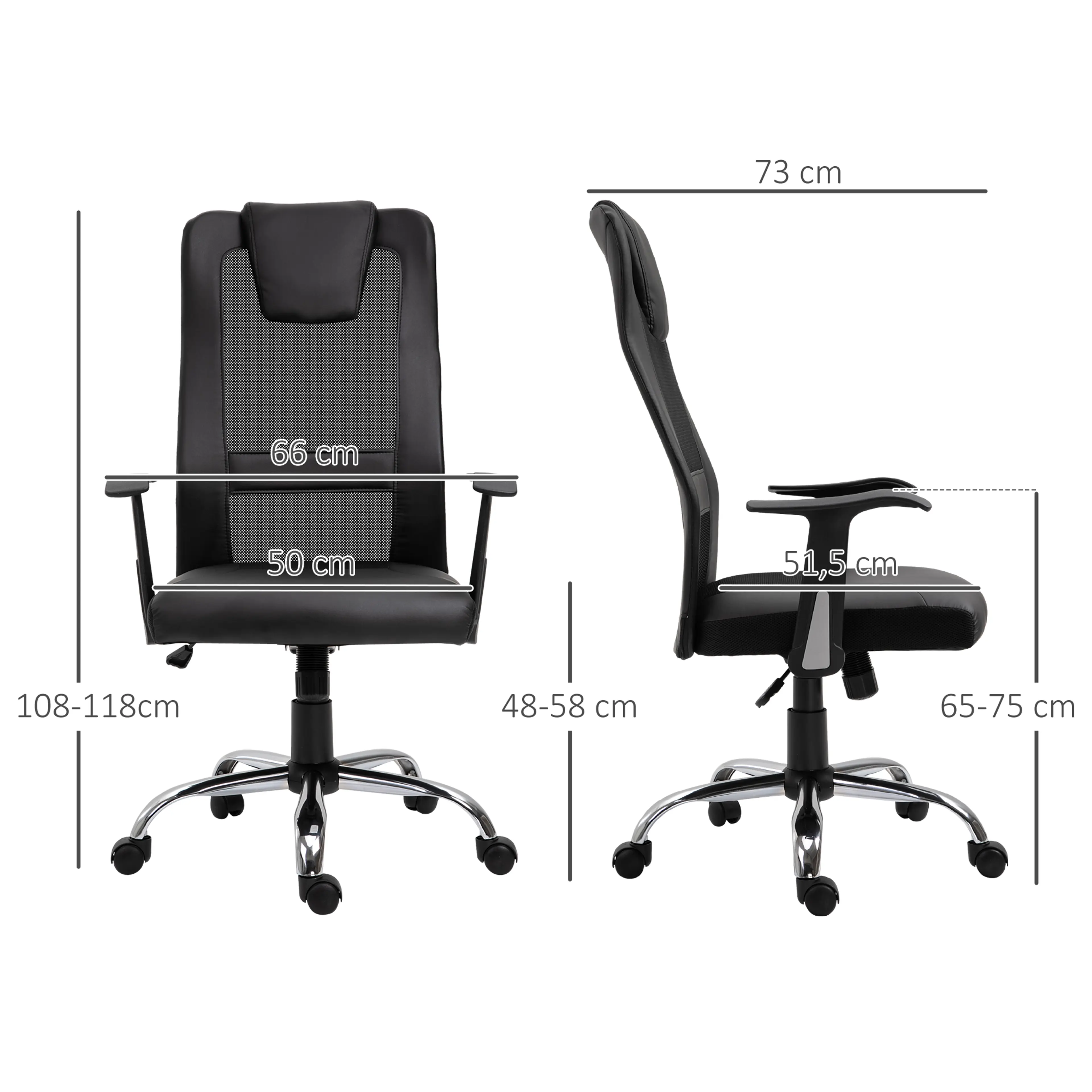 Måttritning med bredd 66 cm, djup 73 cm, höjd 108–118 cm och sitthöjd 48–58 cm