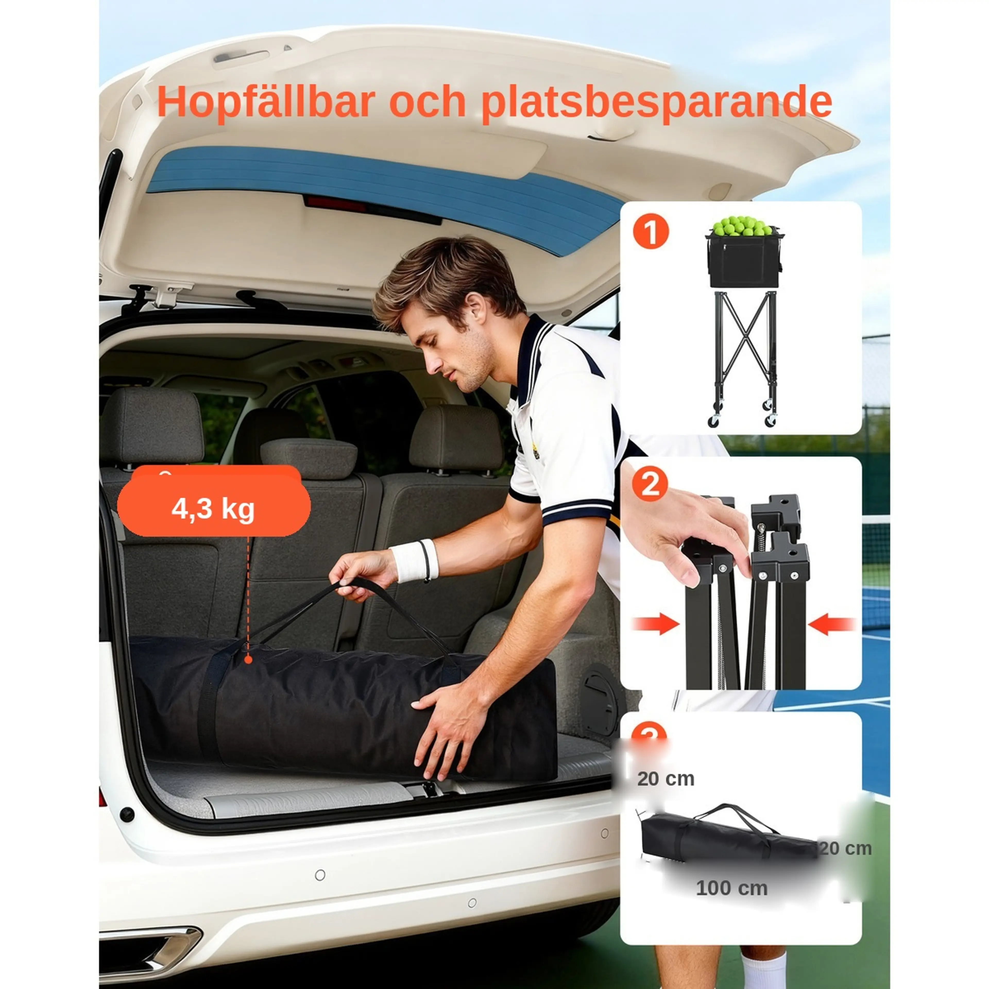 Hopfällbar tennisbollsvagn som får plats i bagageluckan, väger 4,3 kg