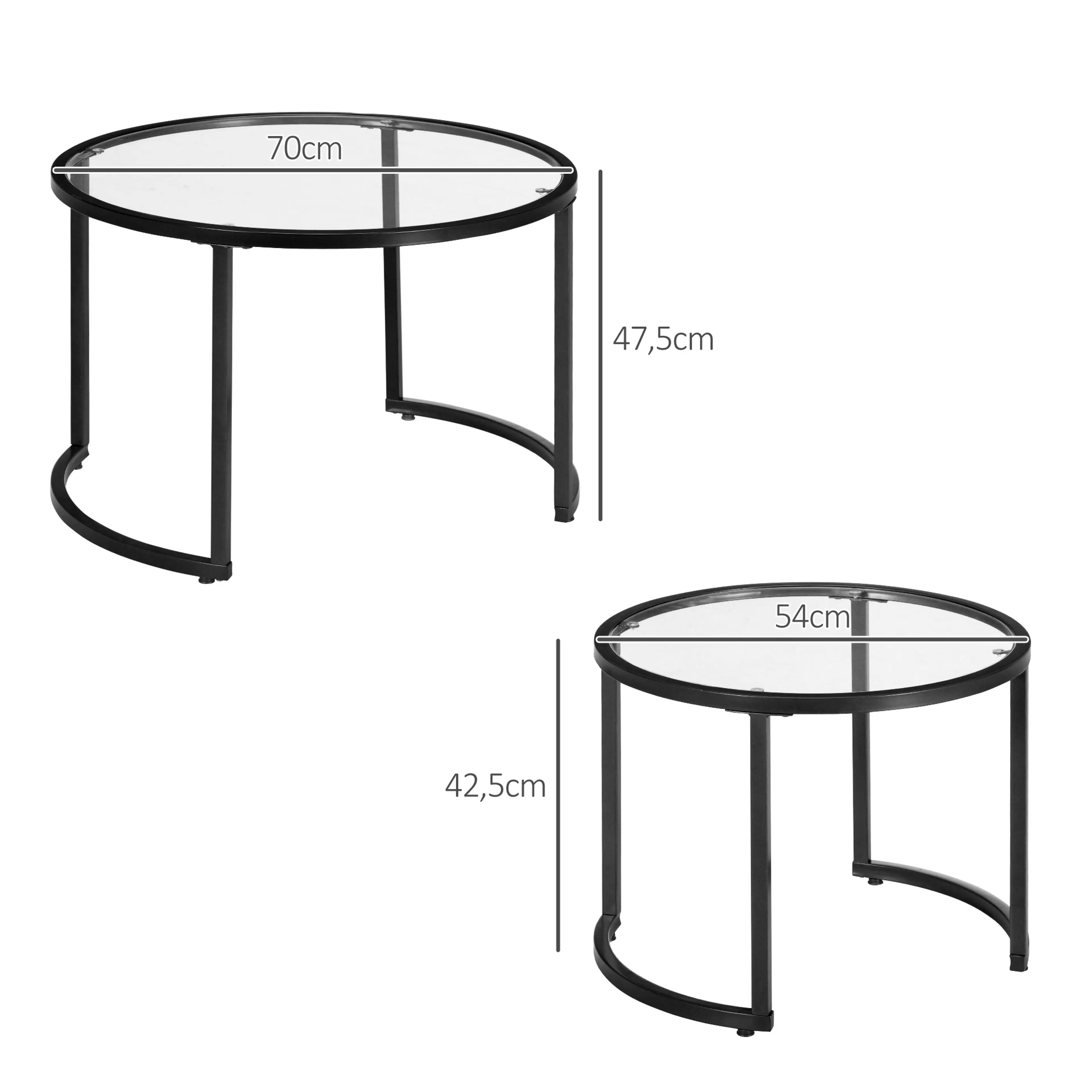 Måttritning för satsborden: stora bordet Ø70 × 47,5 cm och lilla Ø54 × 42,5 cm