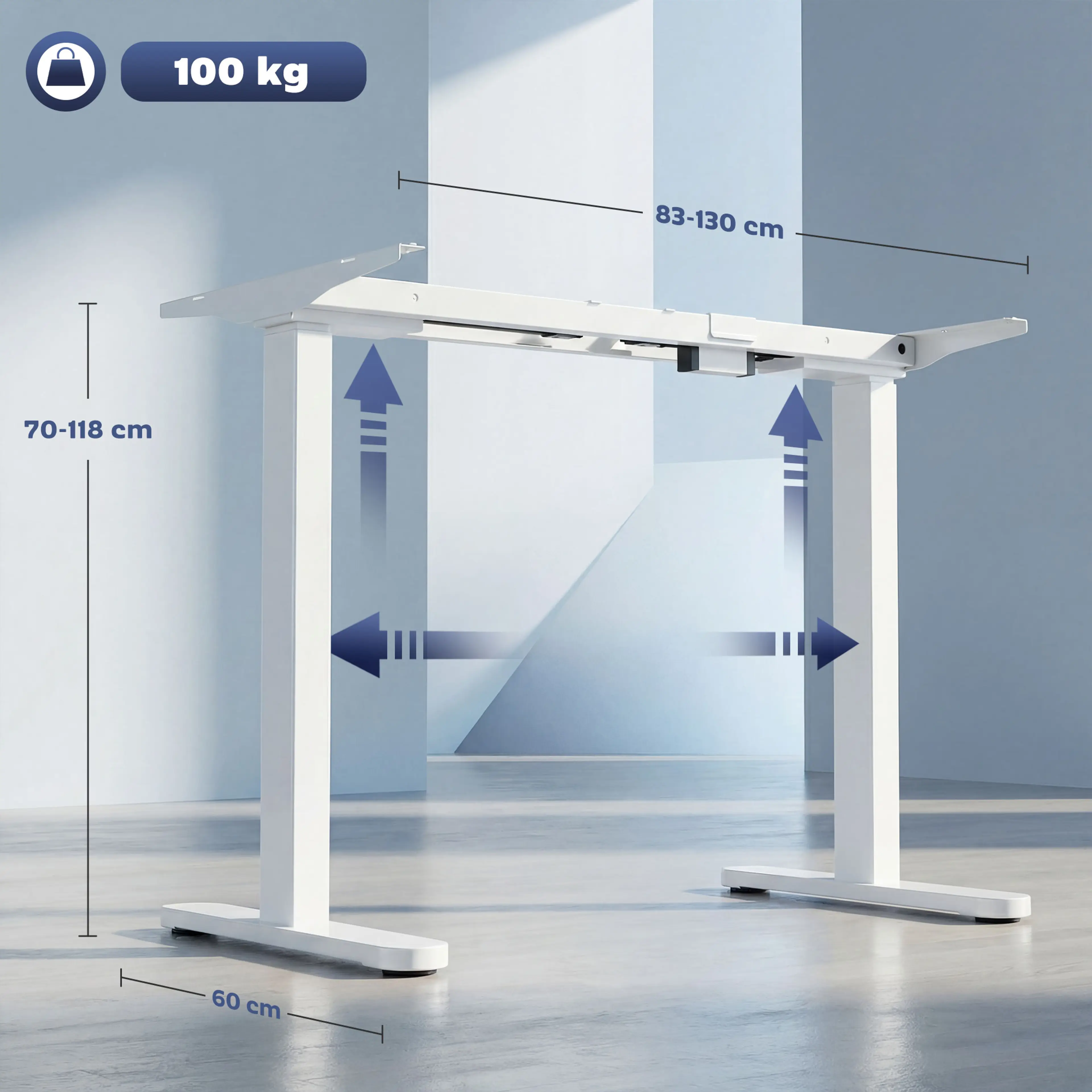 Måttskiss: höjd 70–118 cm, rambredd 83–130 cm och maxlast 100 kg
