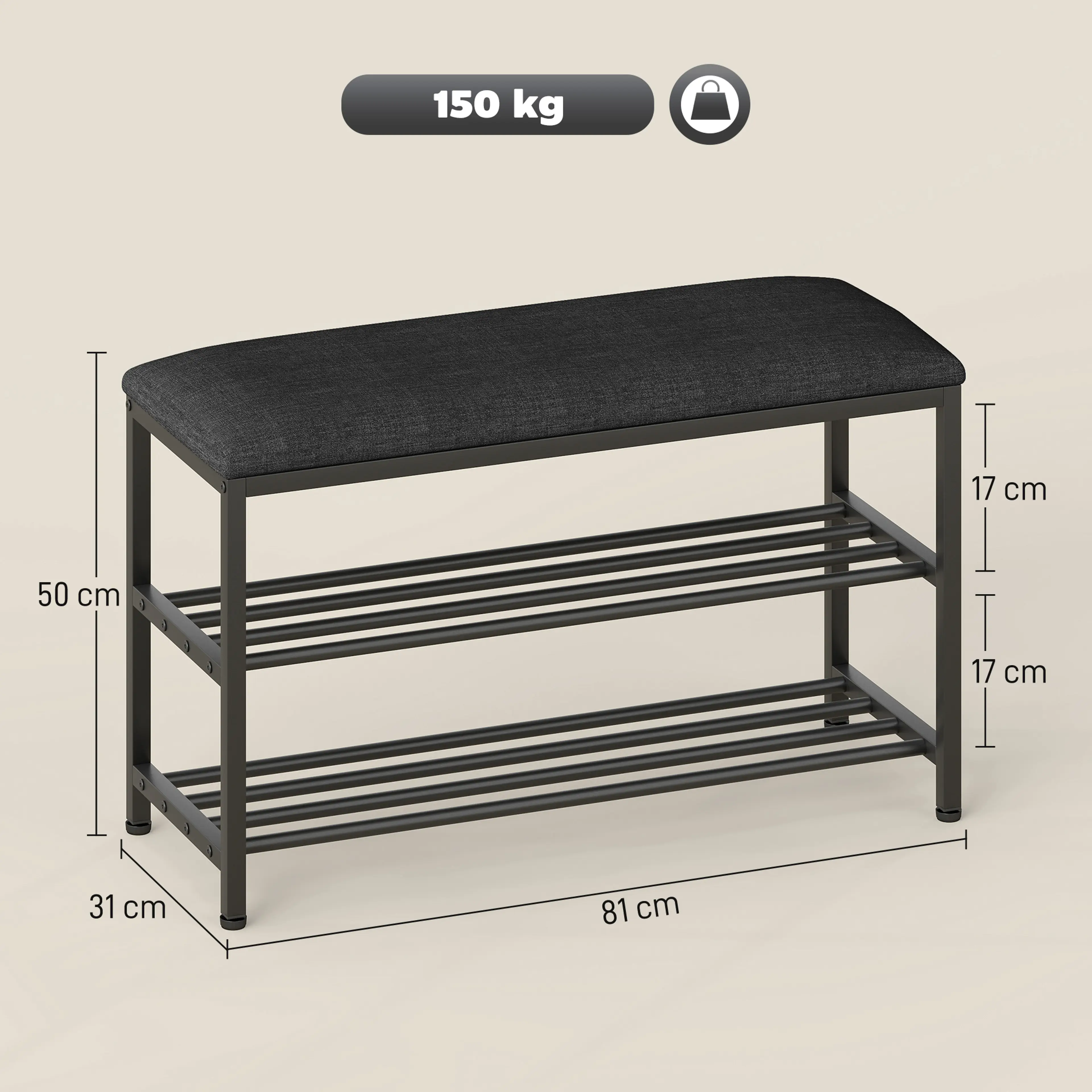Måttritning för skobänken: 81 cm bred, 31 cm djup och 50 cm hög med 17 cm per hyllplan