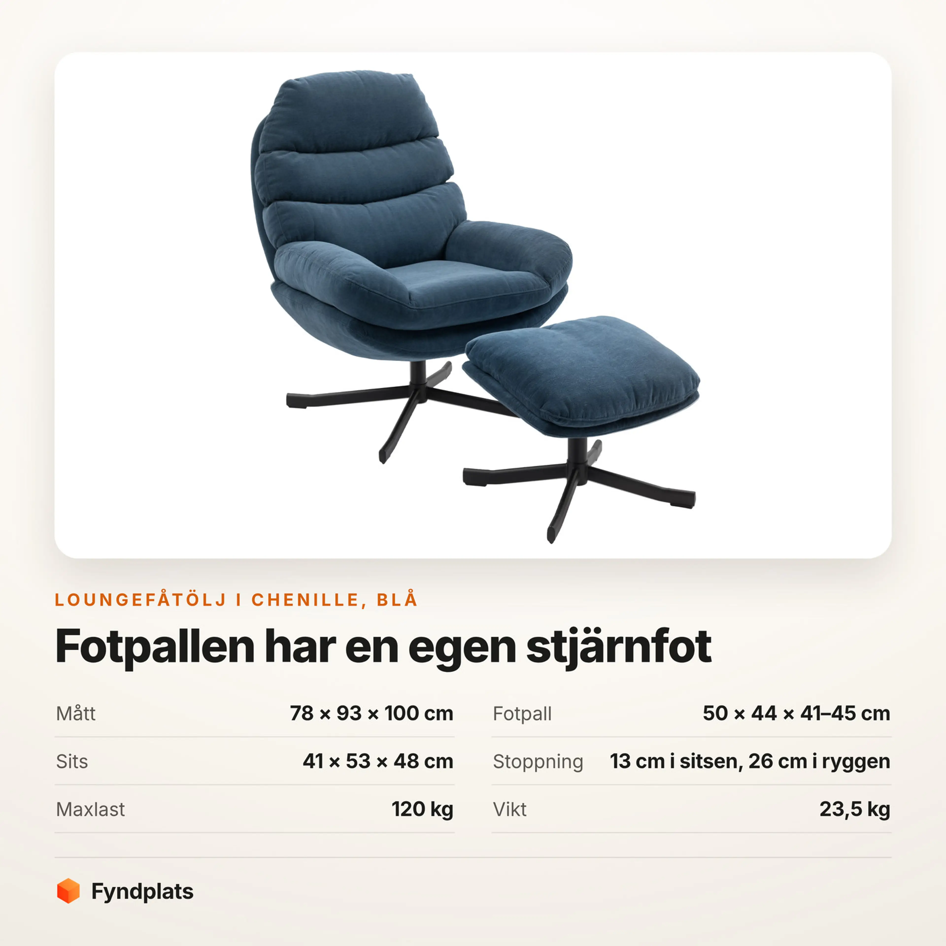 Blå loungefåtölj i chenille med lös fotpall, mått och maxlast