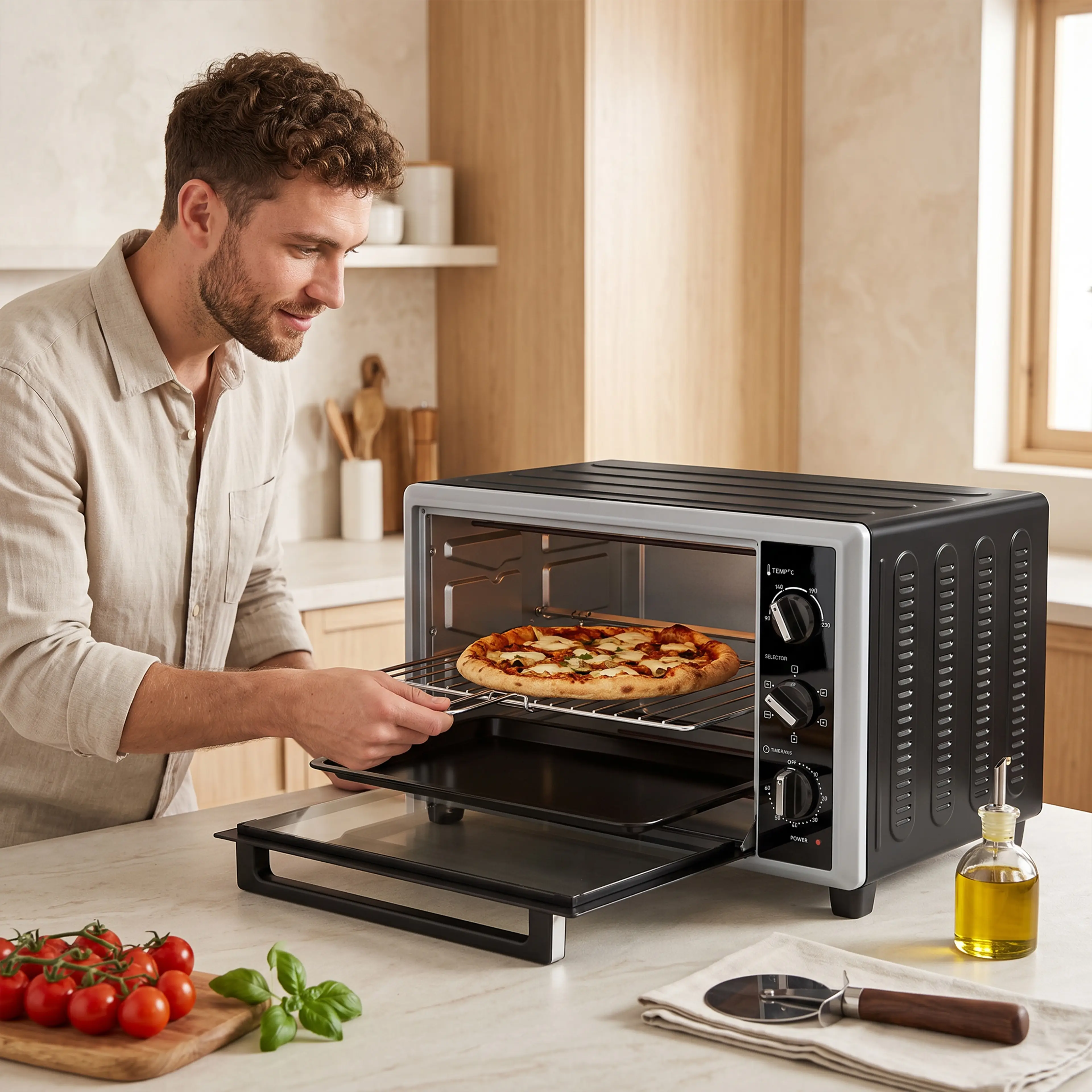 En man skjuter in en pizza på gallret i miniugnen
