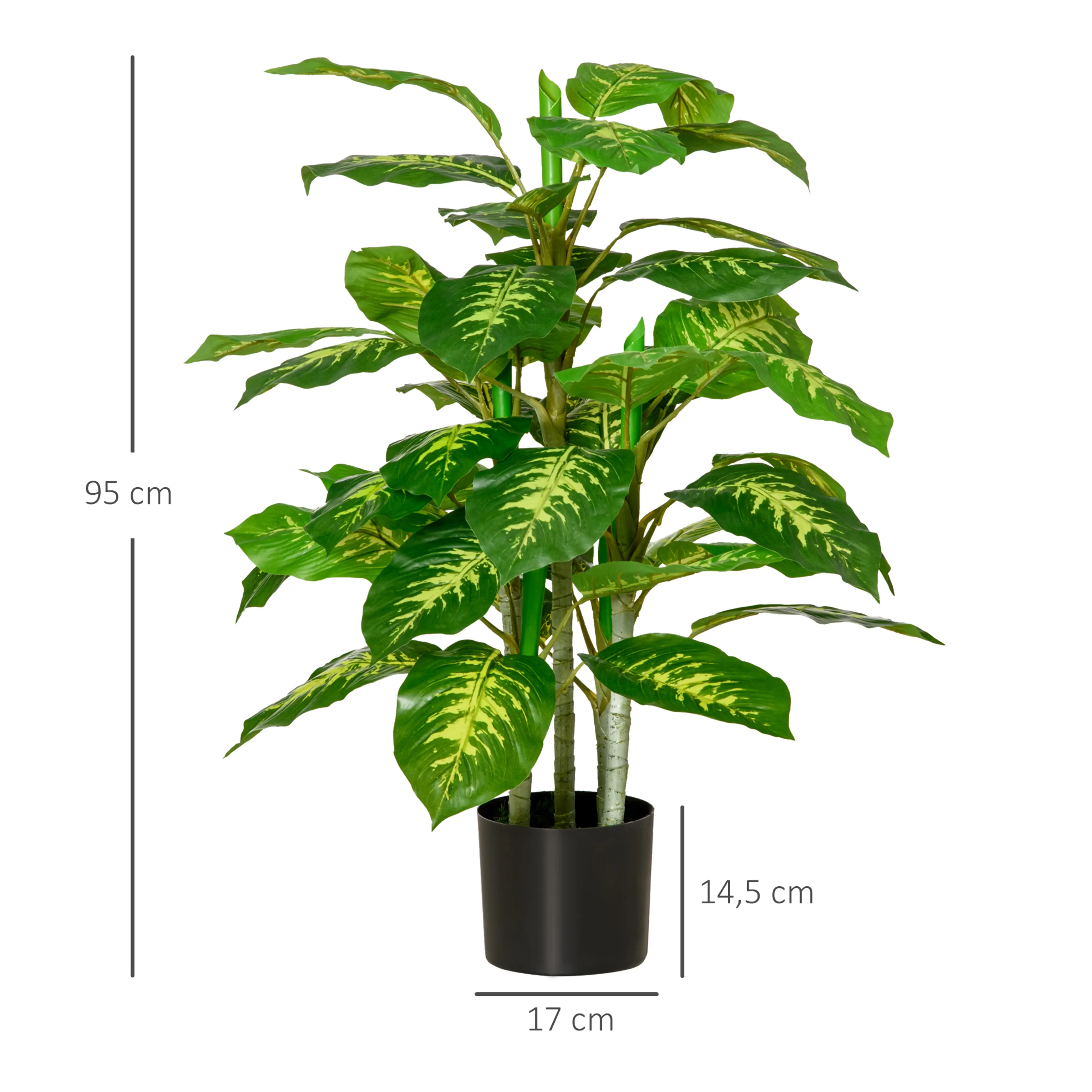 Måttbild med höjden 95 cm och krukans mått 17 och 14,5 cm