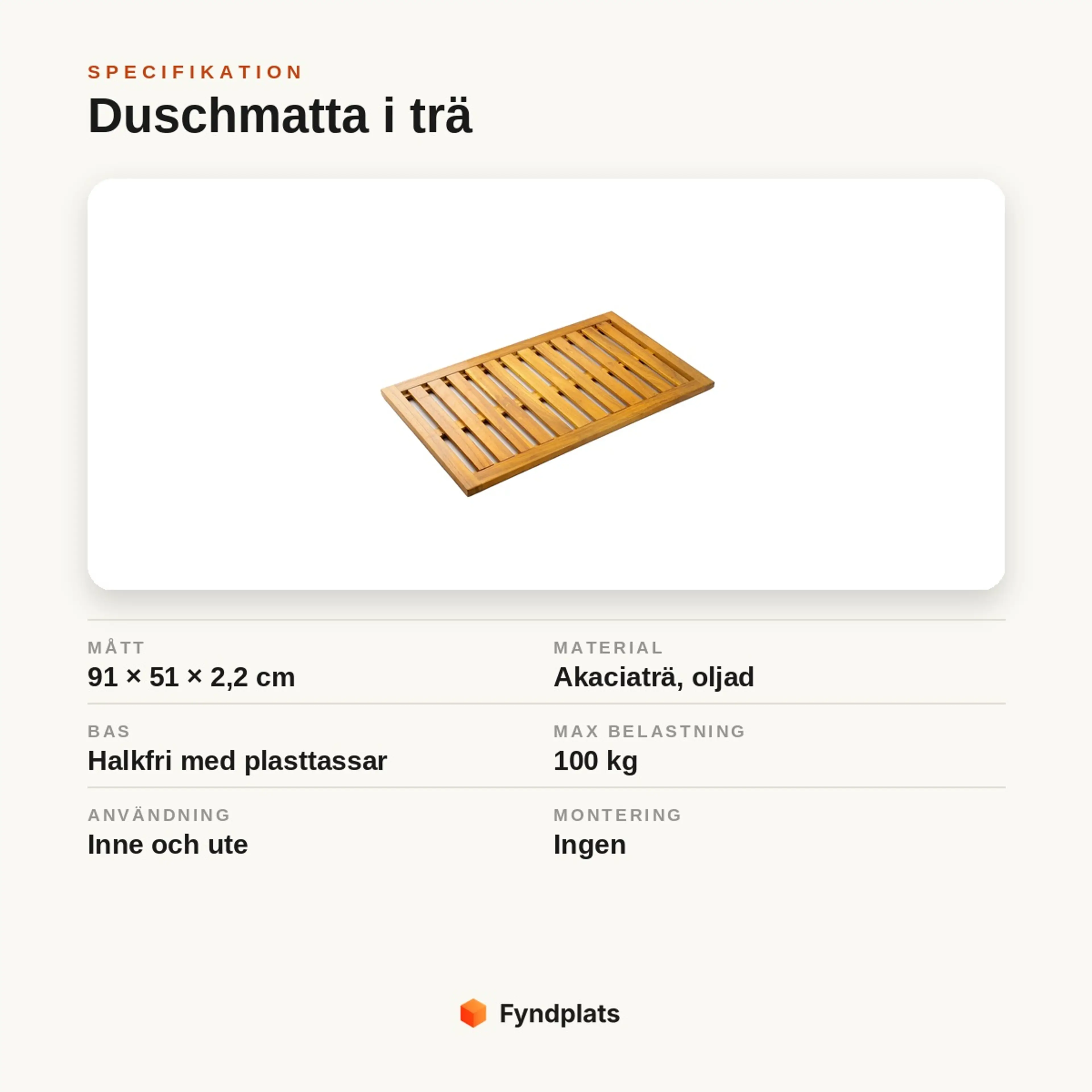 Specifikationskort: duschmatta i akaciaträ 91 × 51 × 2,2 cm, halkfri bas, max 100 kg, färdigmonterad